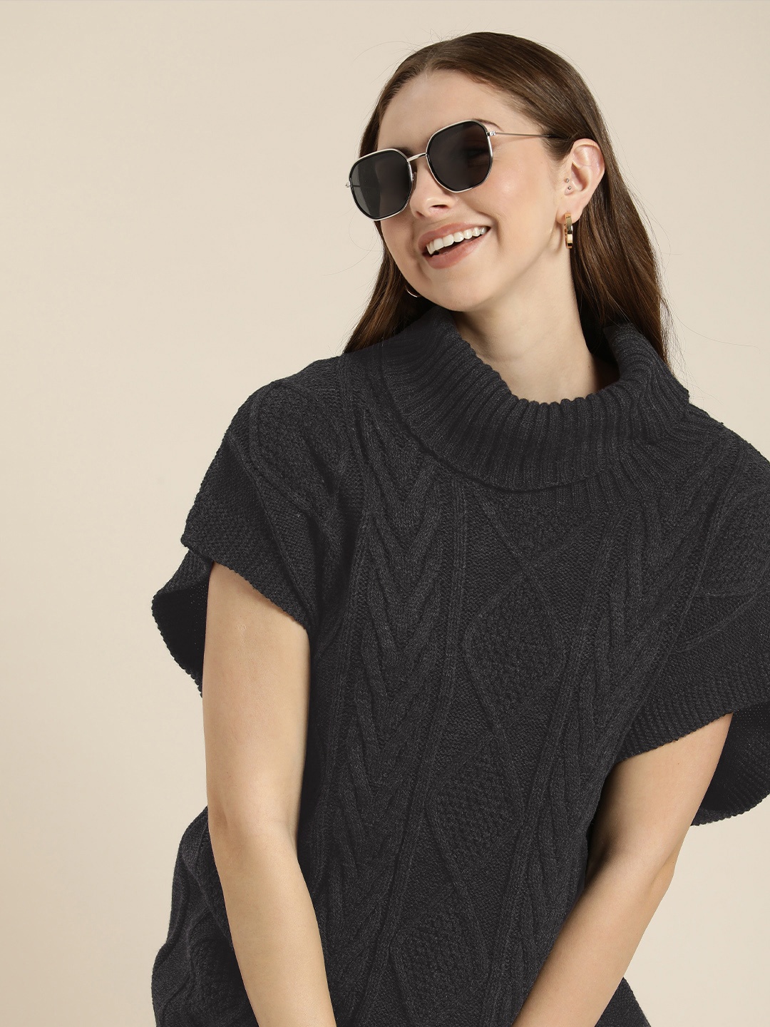 

HERE&NOW Cable Knit Turtle-Neck Pullover Sweater, Charcoal