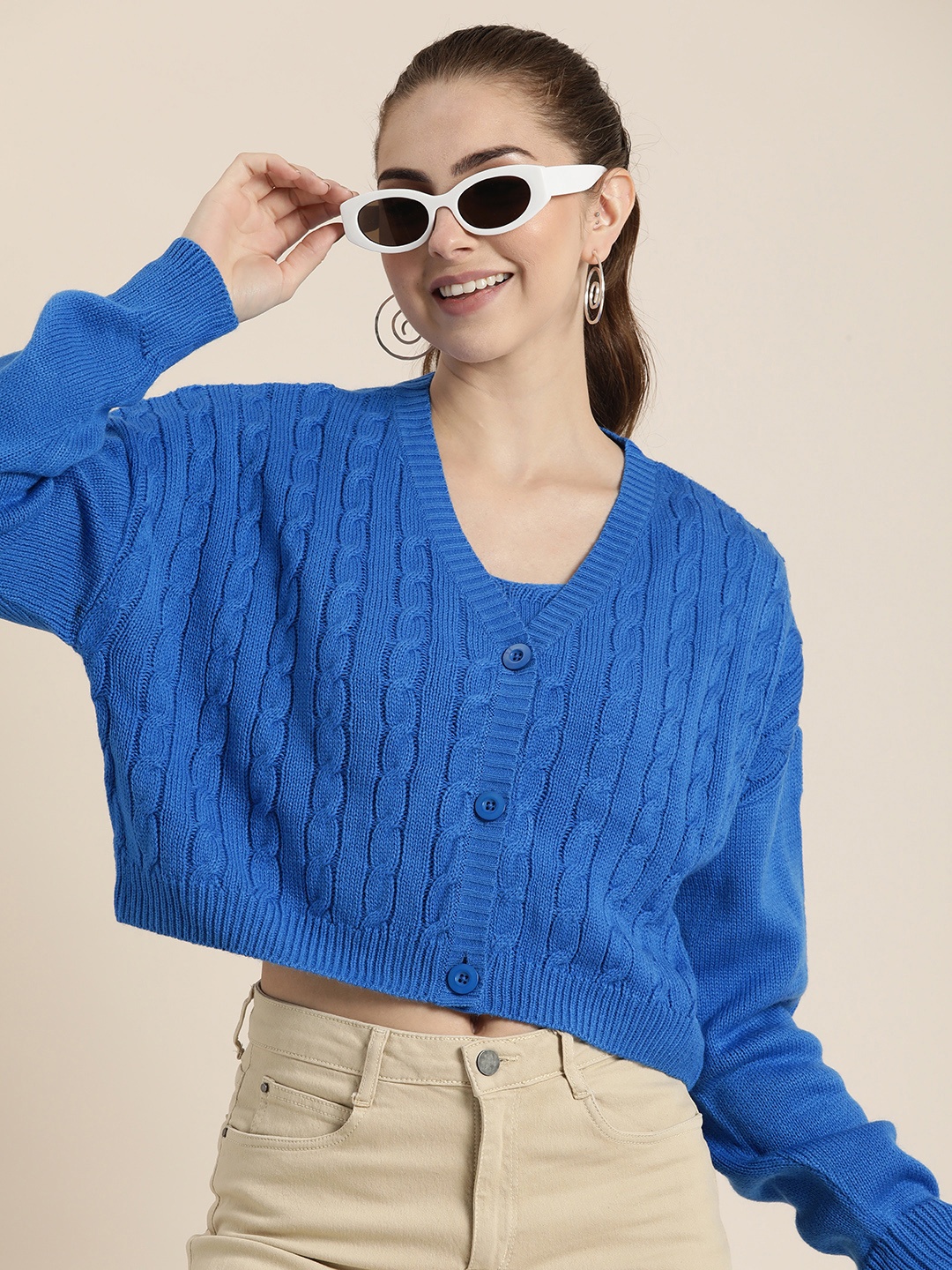 

HERE&NOW Cable Knit Crop Cardigan With Inner Slip, Blue