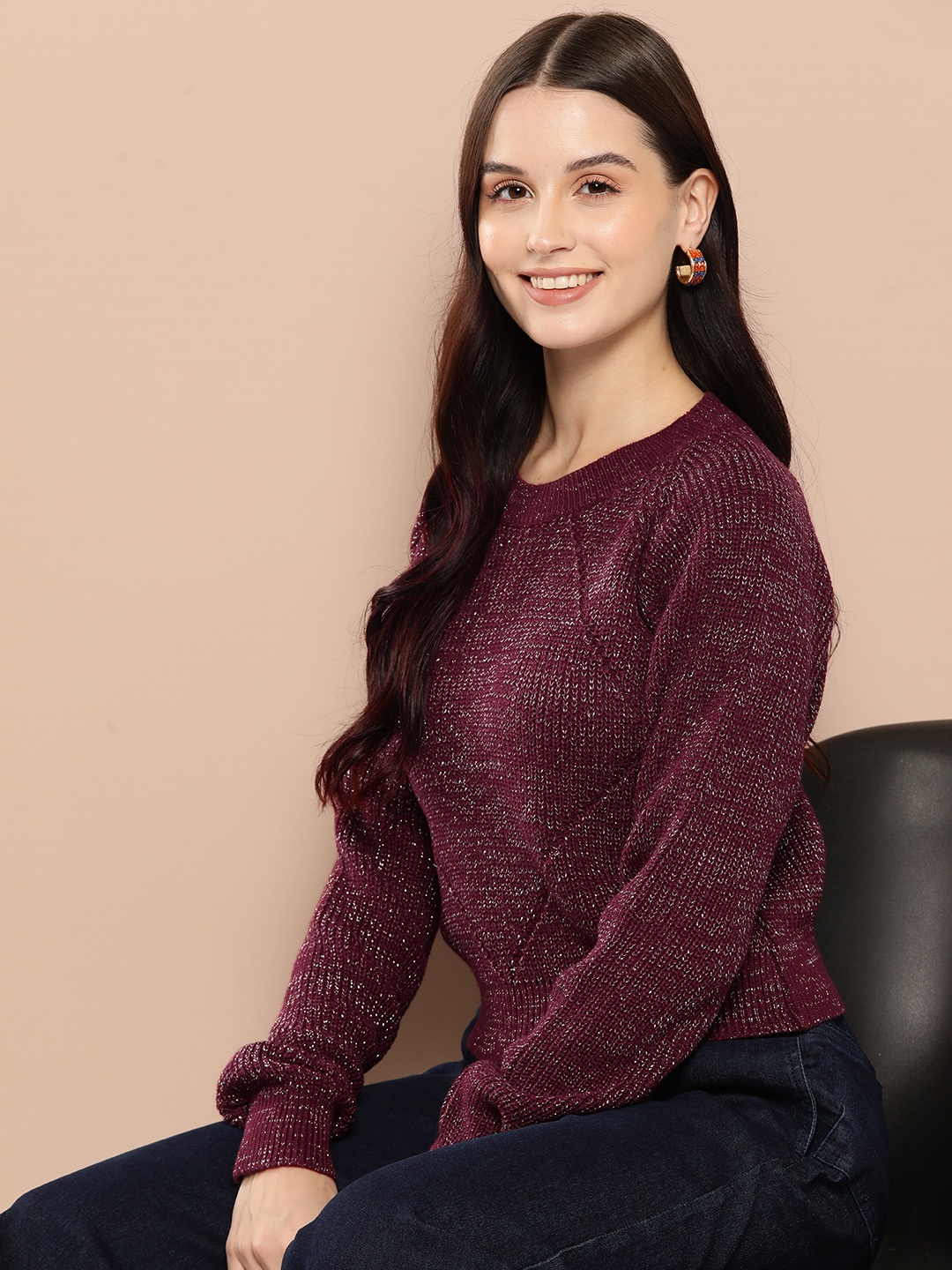 

HERE&NOW Shimmery Cable Knit Acrylic Pullover, Burgundy