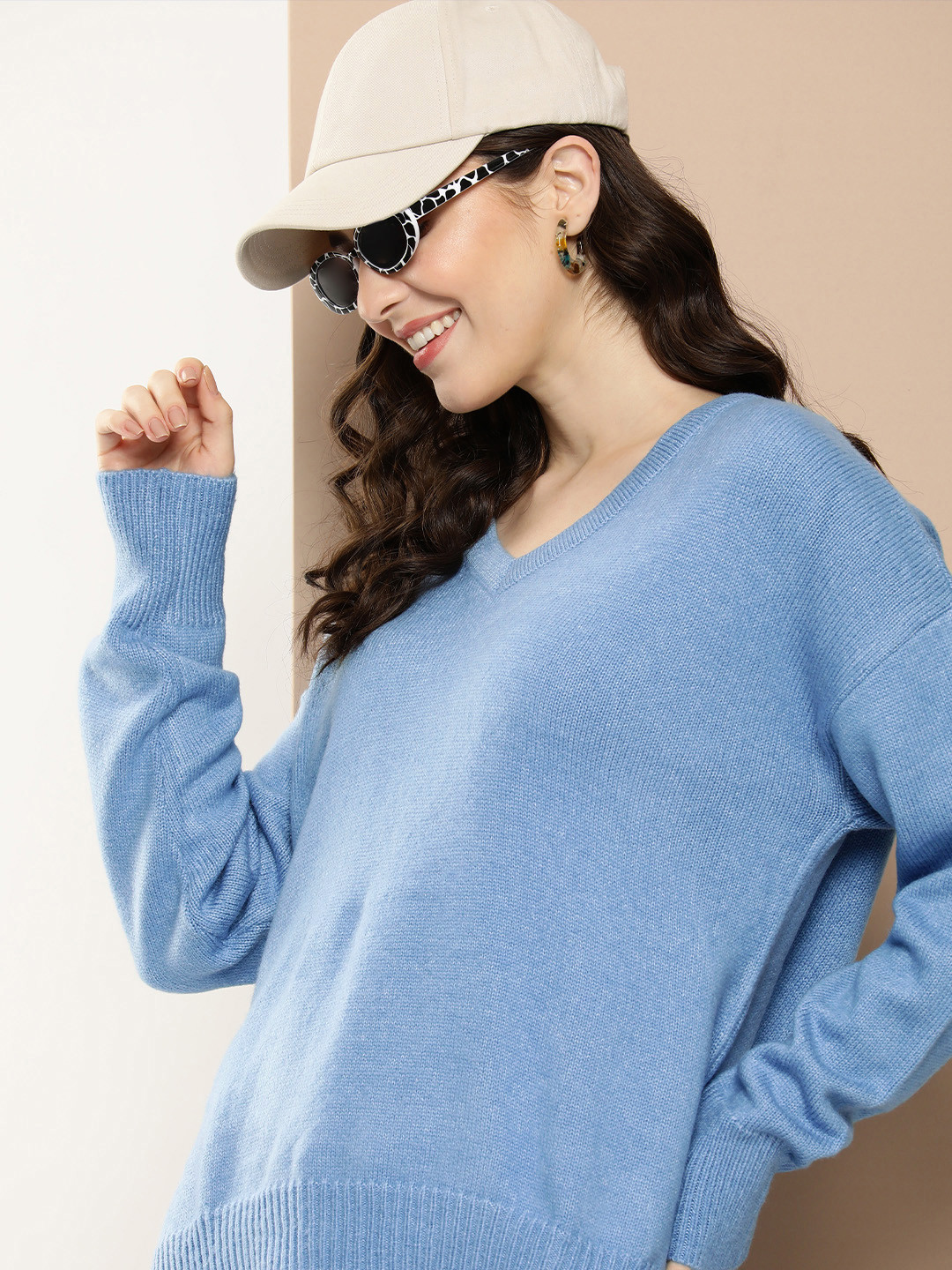 

HERE&NOW V-Neck Full Sleeves Ribbed Pullover Sweaters, Blue