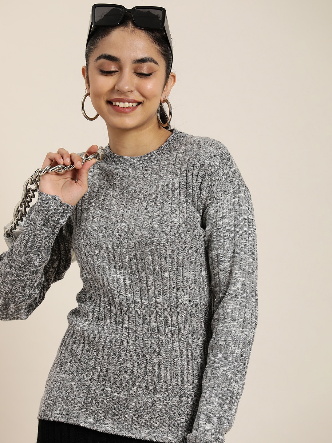 

HERE&NOW Solid Pullover Sweater, Grey melange