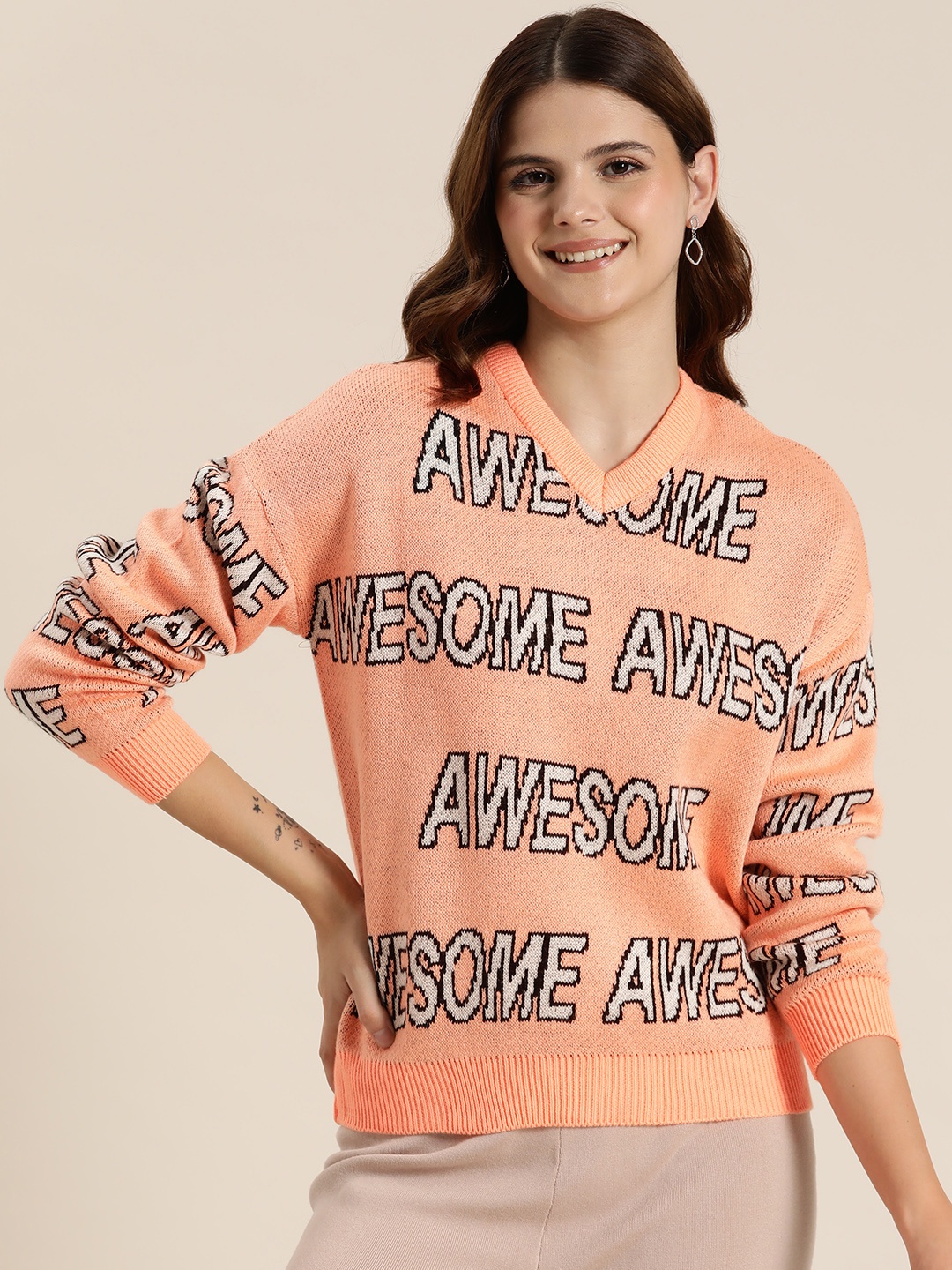 

HERE&NOW Typography Self Design Acrylic Pullover, Peach