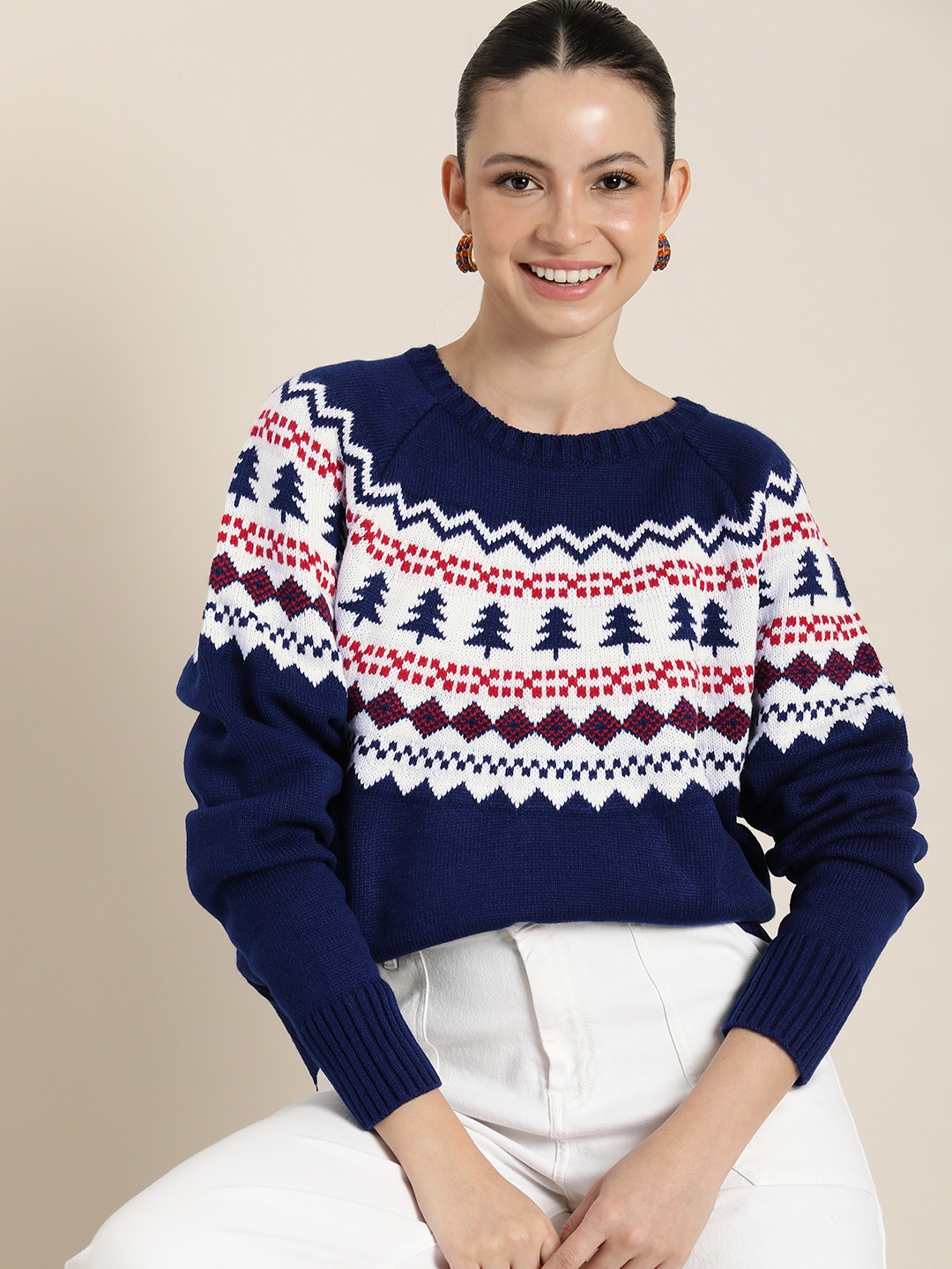 

HERE&NOW Conversational Printed Pullover Sweaters, Blue