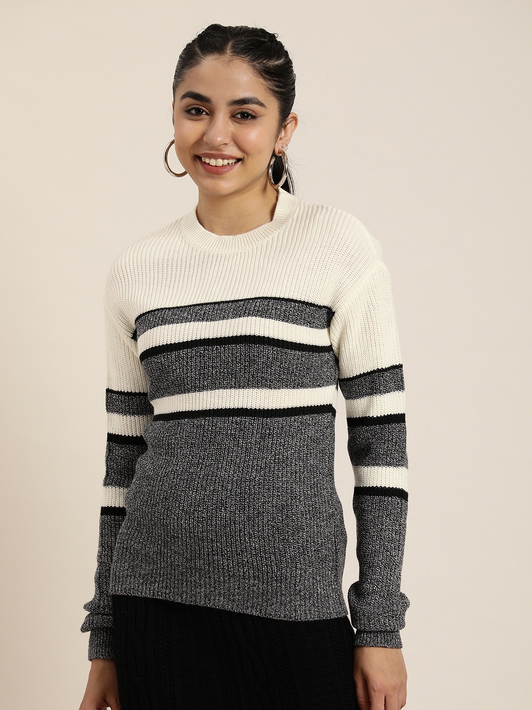 

HERE&NOW Striped Pullover Sweater, Cream