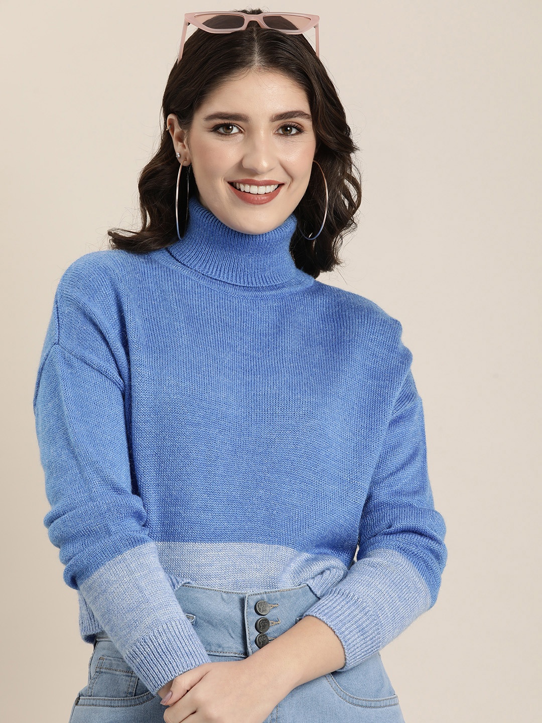 

HERE&NOW Turtle Neck Self-Design Colourblocked Pullover, Blue