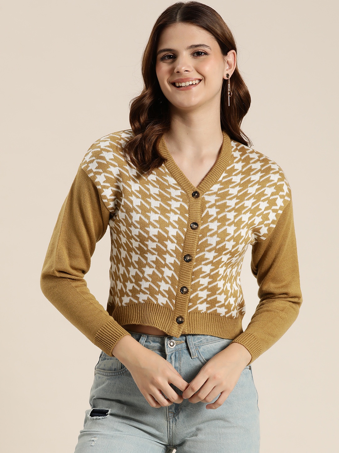 

HERE&NOW Abstract Self Design Acrylic Cardigan, Mustard
