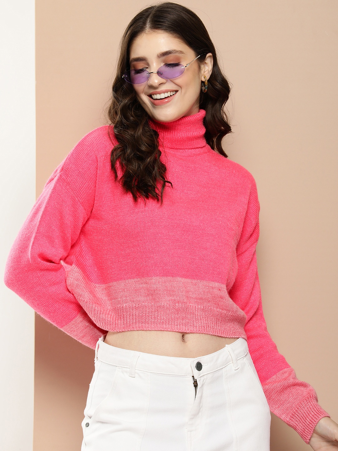 

HERE&NOW Knitted Turtle Neck Crop Pullover, Pink