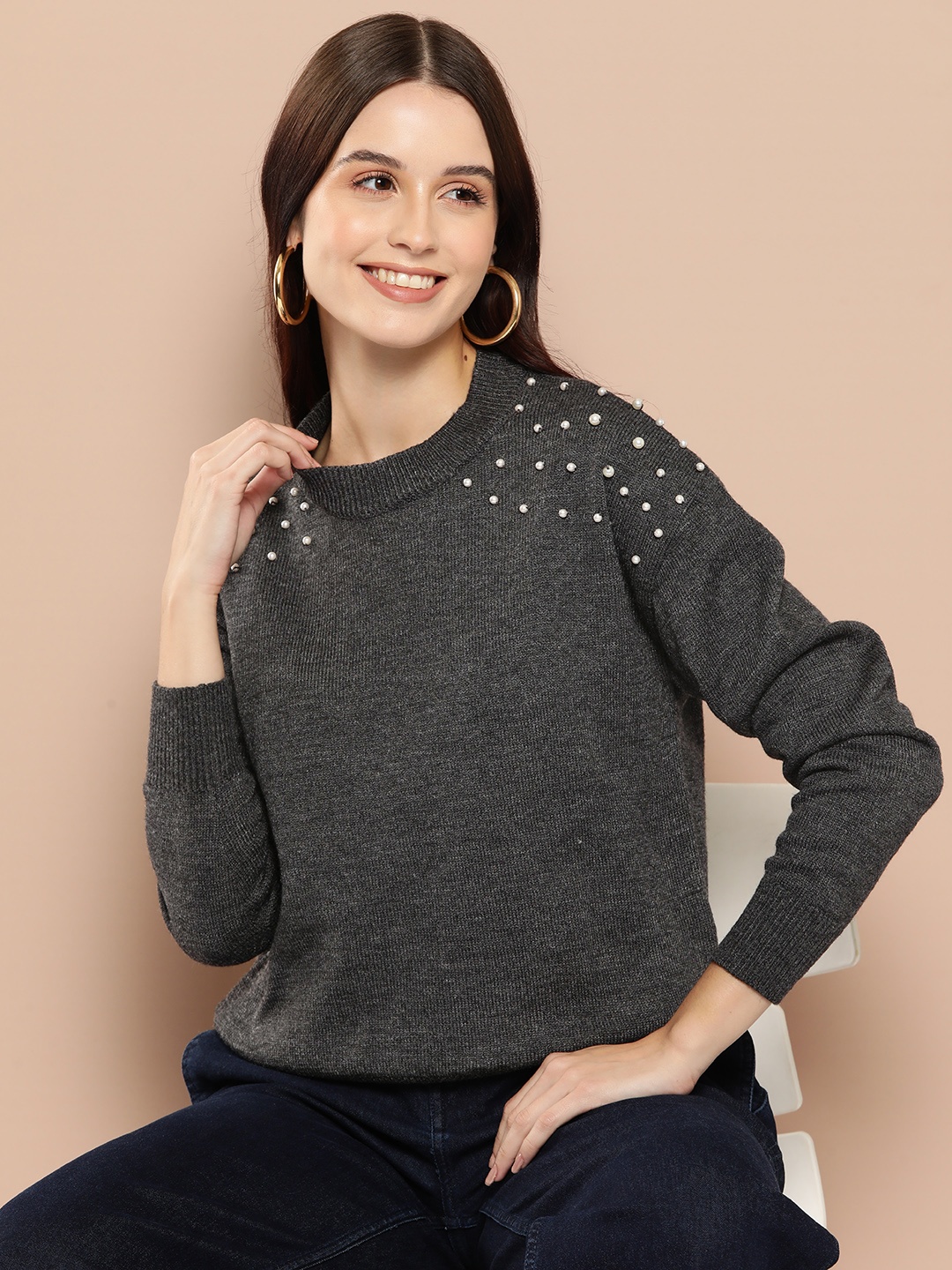 

HERE&NOW Melange Effect Pearl Detail Acrylic Pullover, Grey melange