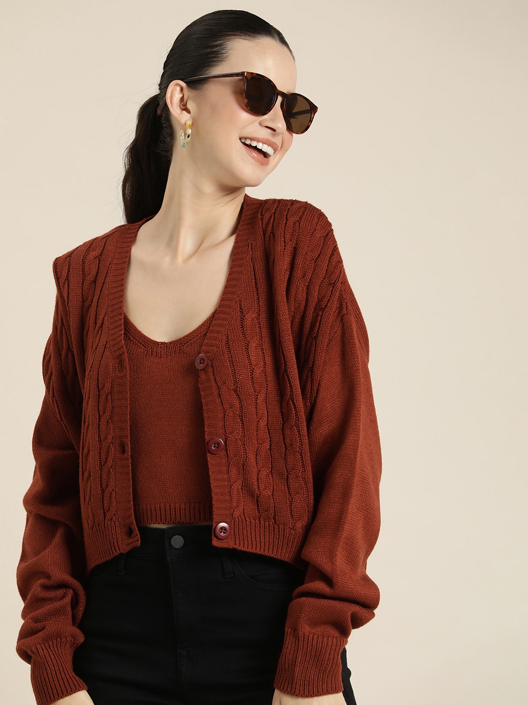 

HERE&NOW Round Neck Cable Knit Cardigan With Top, Rust