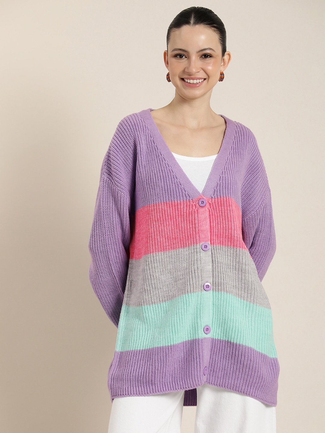 

HERE&NOW Colourblocked Longline Cardigan, Lavender