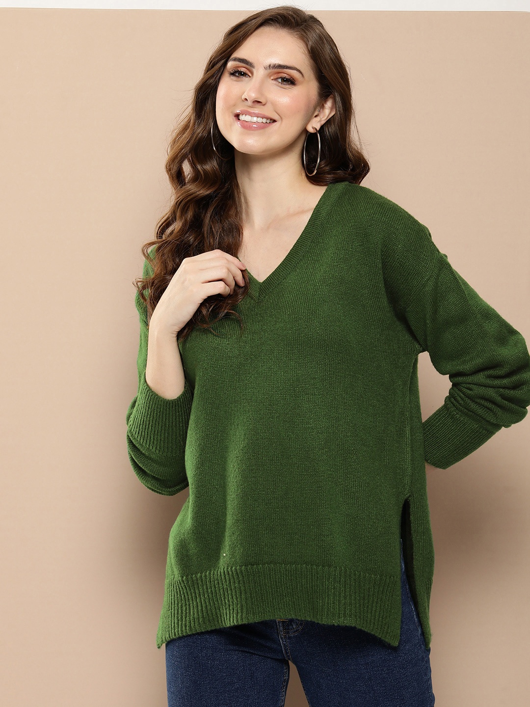 

HERE&NOW V-Neck Ribbed Pullover Sweaters, Green