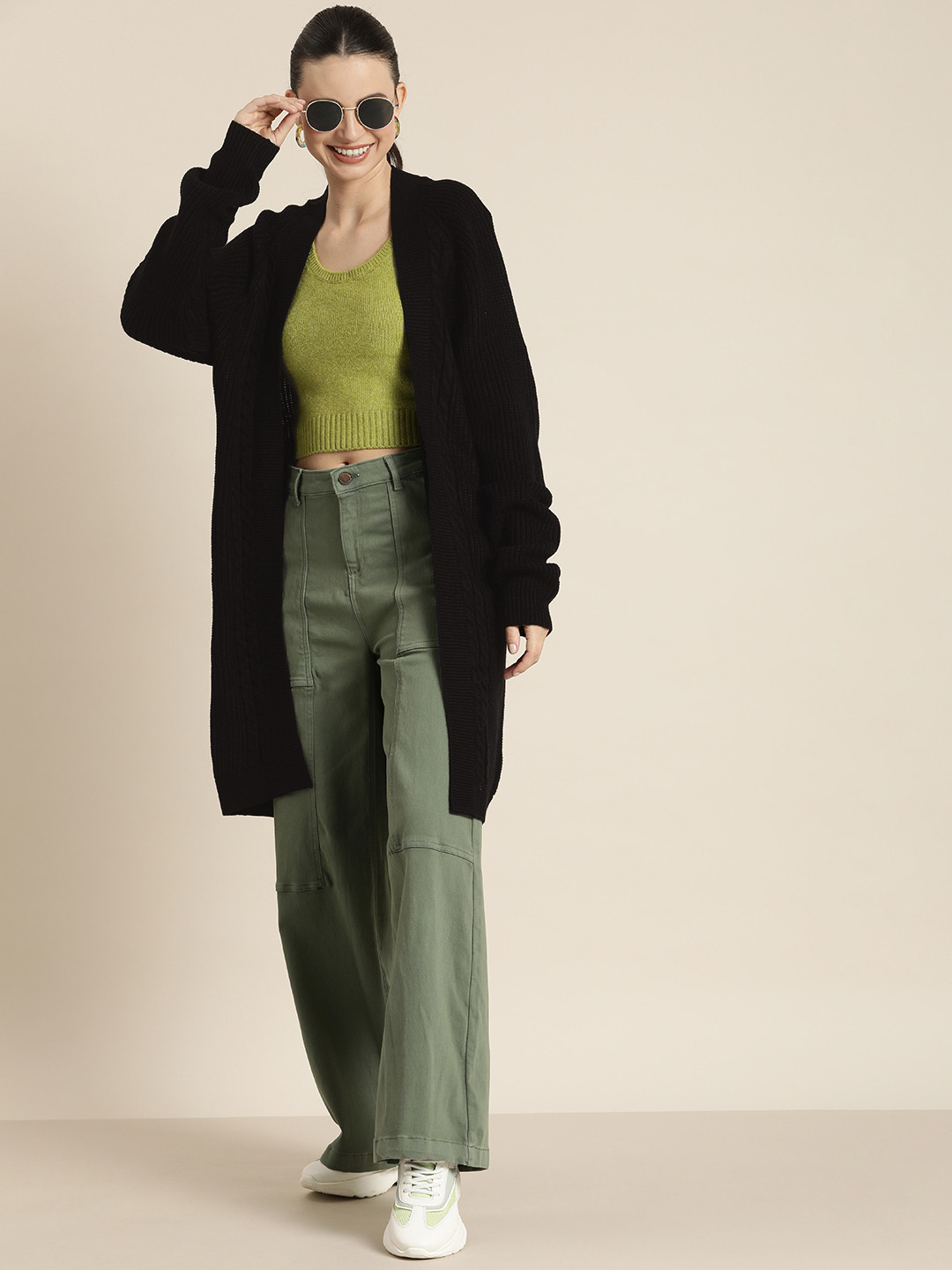 

HERE&NOW Cable Knit Longline Front-Open Sweater, Black