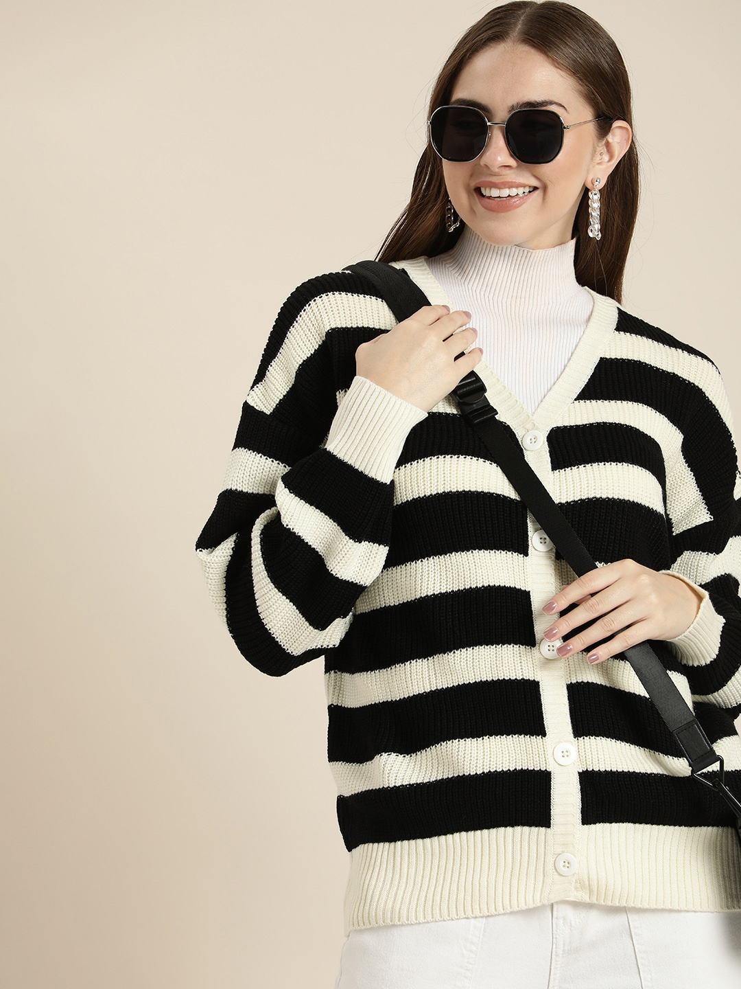 

HERE&NOW Striped Ribbed Cardigan, Off white