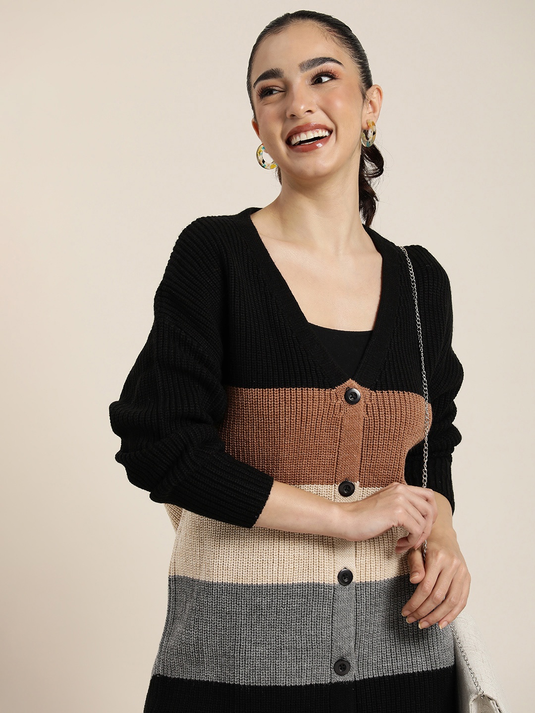 

HERE&NOW Colourblocked Longline Cardigan, Black