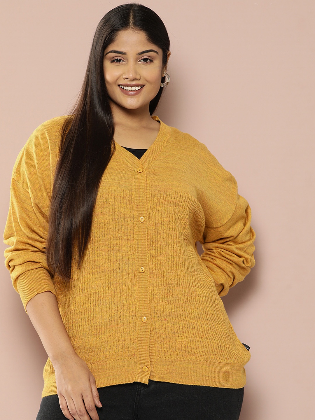 

Sztori Plus Size Self-Striped Acrylic Cardigan, Mustard