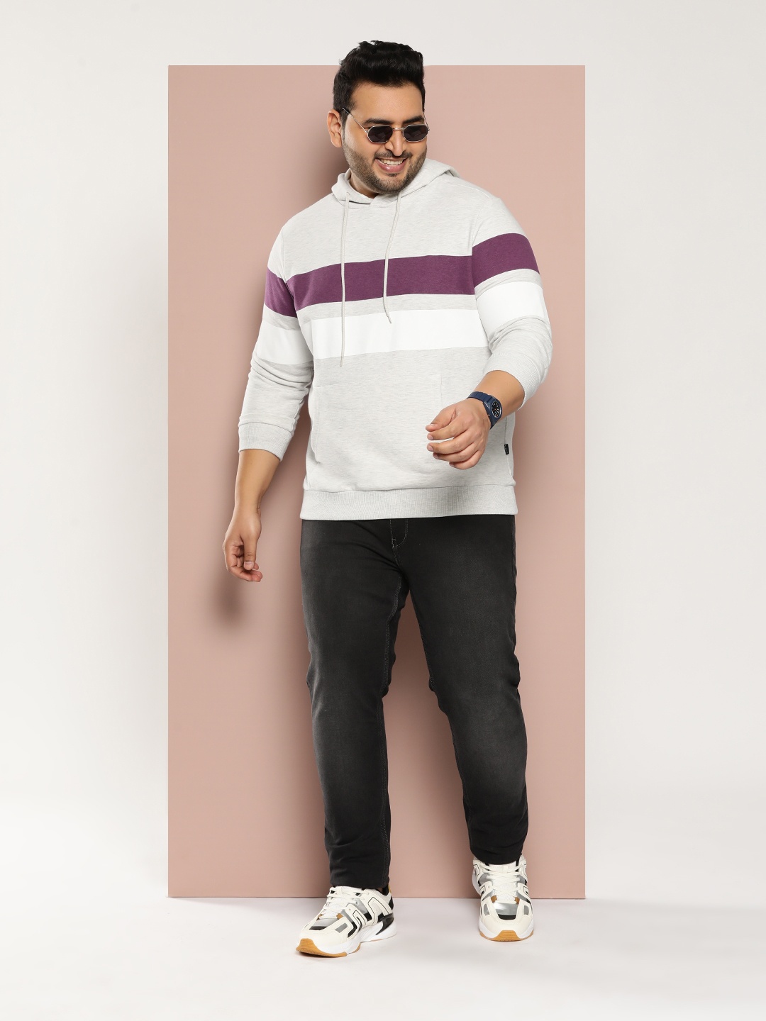 

Sztori Plus Size Striped Hooded Sweatshirt, Grey melange