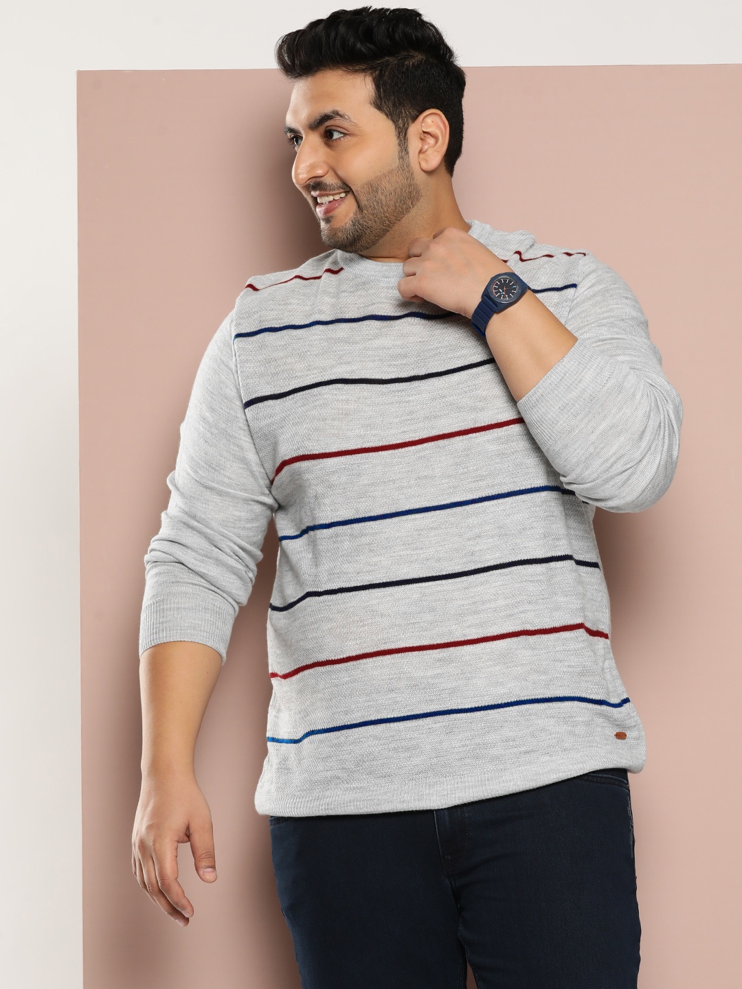 

Sztori Plus Size Acrylic Striped Pullover, Grey melange
