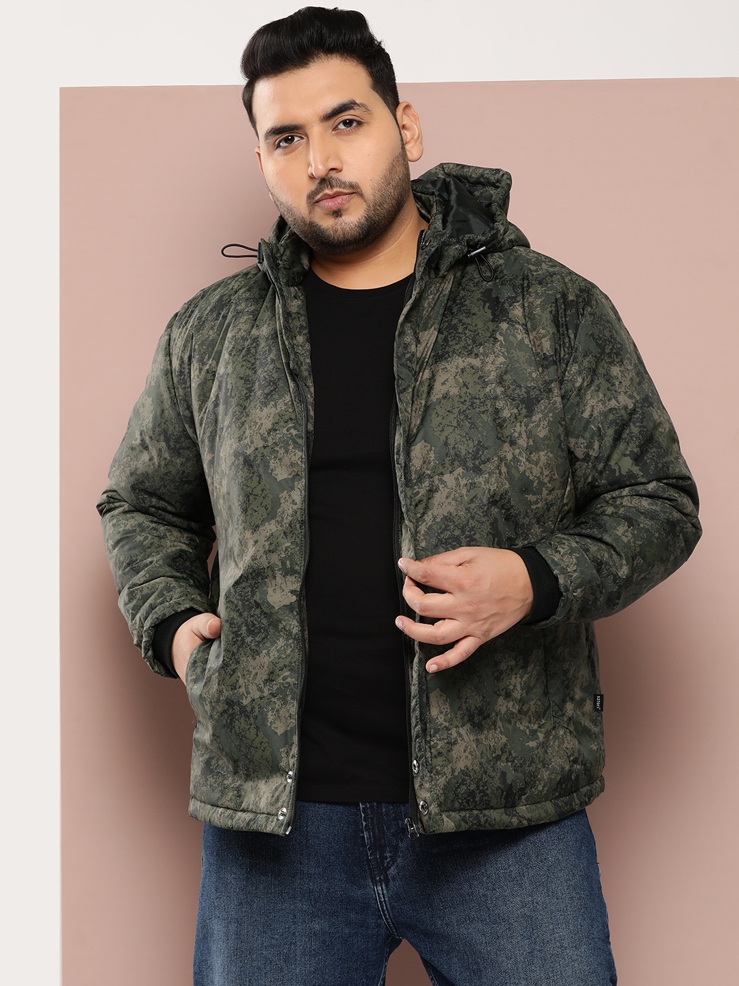 

Sztori Plus Size Camouflage Print Hooded Padded Jacket, Olive