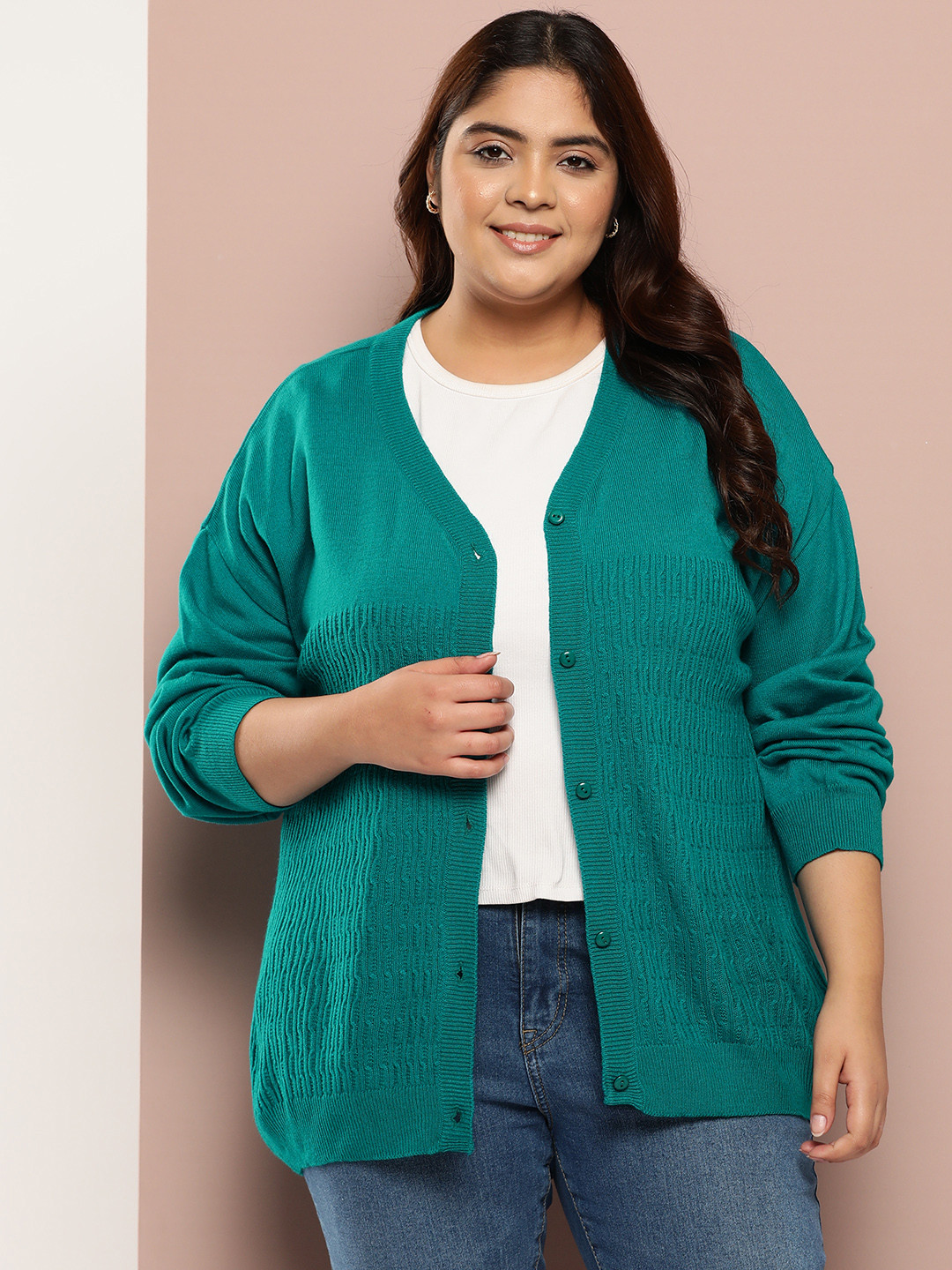 

Sztori Plus Size Self Designed Regular Cardigan, Green