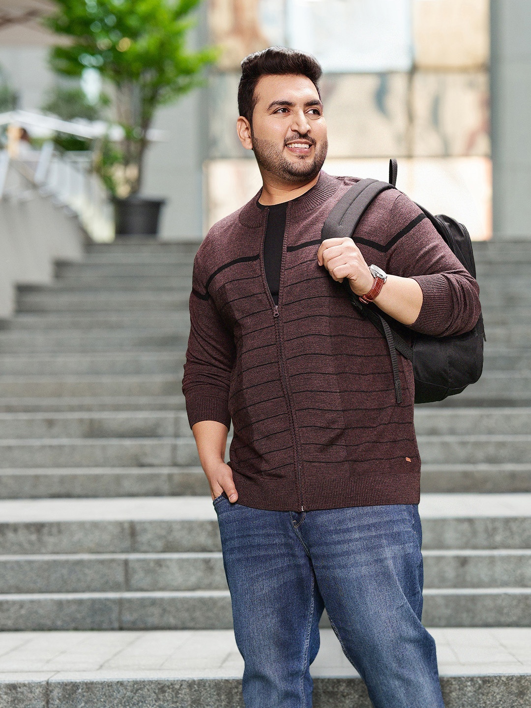 

Sztori Plus Size Men Acrylic Striped Cardigan, Burgundy