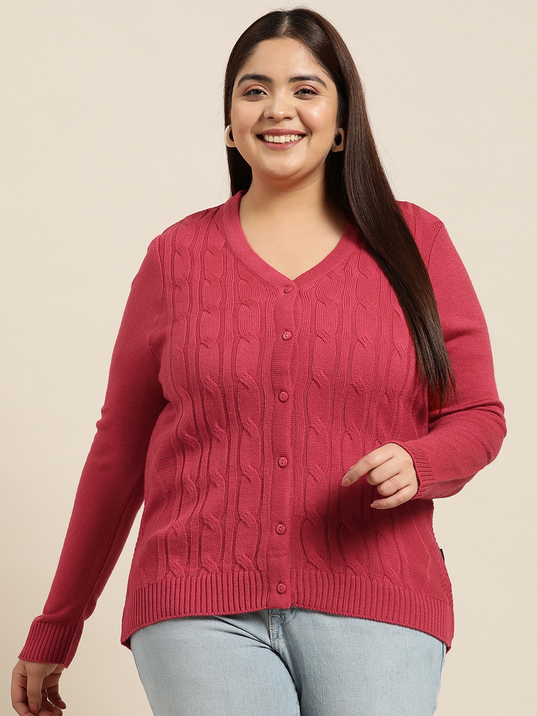

Sztori Plus Size Women Acrylic Cable Knit Cardigan, Pink
