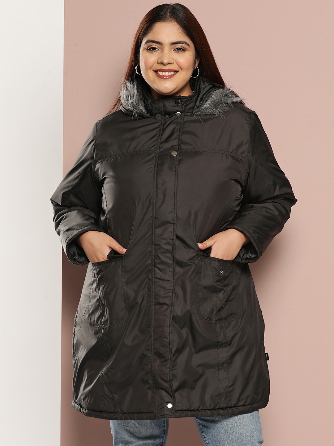 

Sztori Plus Size Longline Hooded Parka Jacket, Black