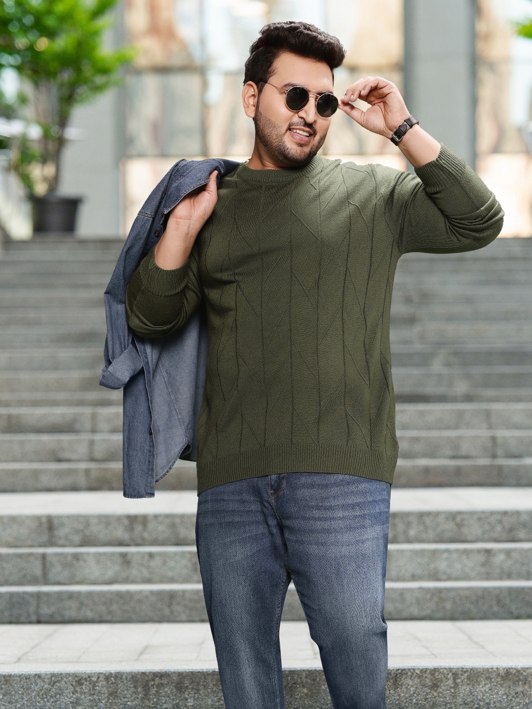 

Sztori Plus Size Men Acrylic Geometric Patterned Pullover, Olive