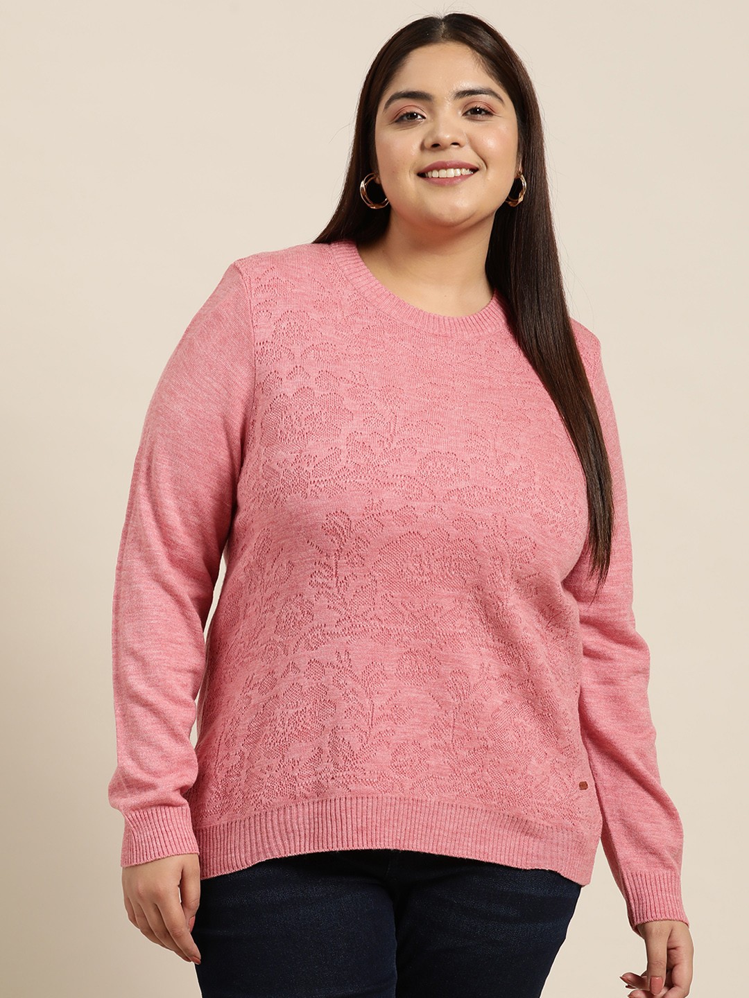 

Sztori Plus Size Women Acrylic Self-Design Pullover, Pink