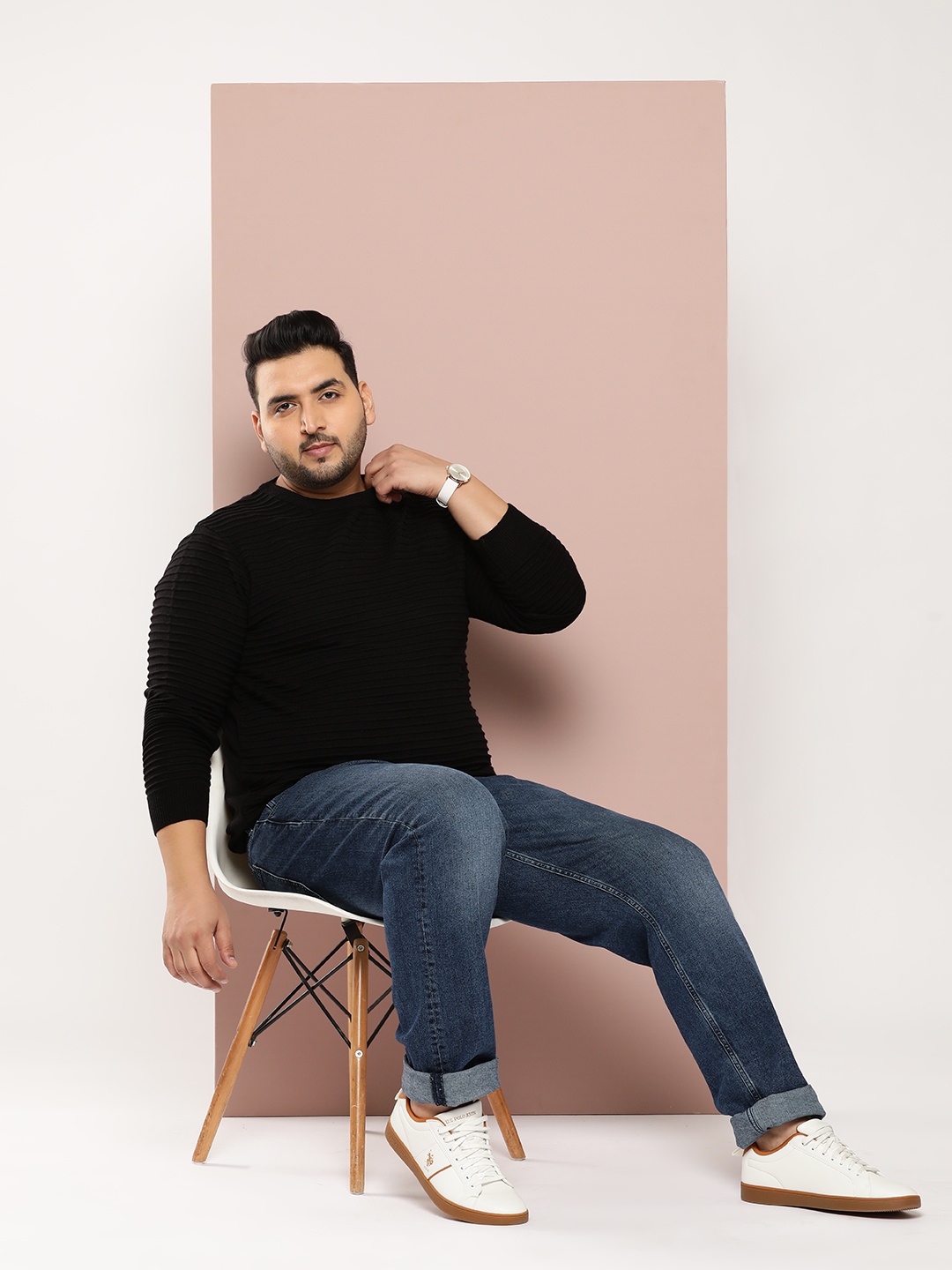

Sztori Men Plus Size Self Striped Acrylic Pullover, Black
