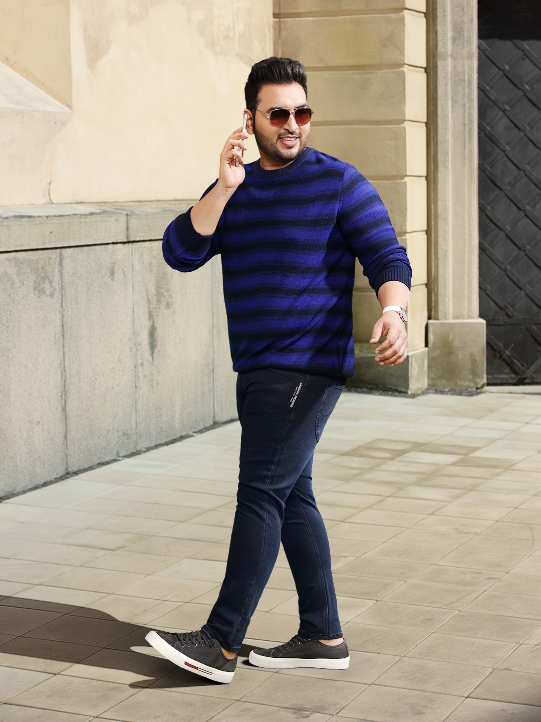 

Sztori Plus Size Acrylic Striped Pullover, Blue
