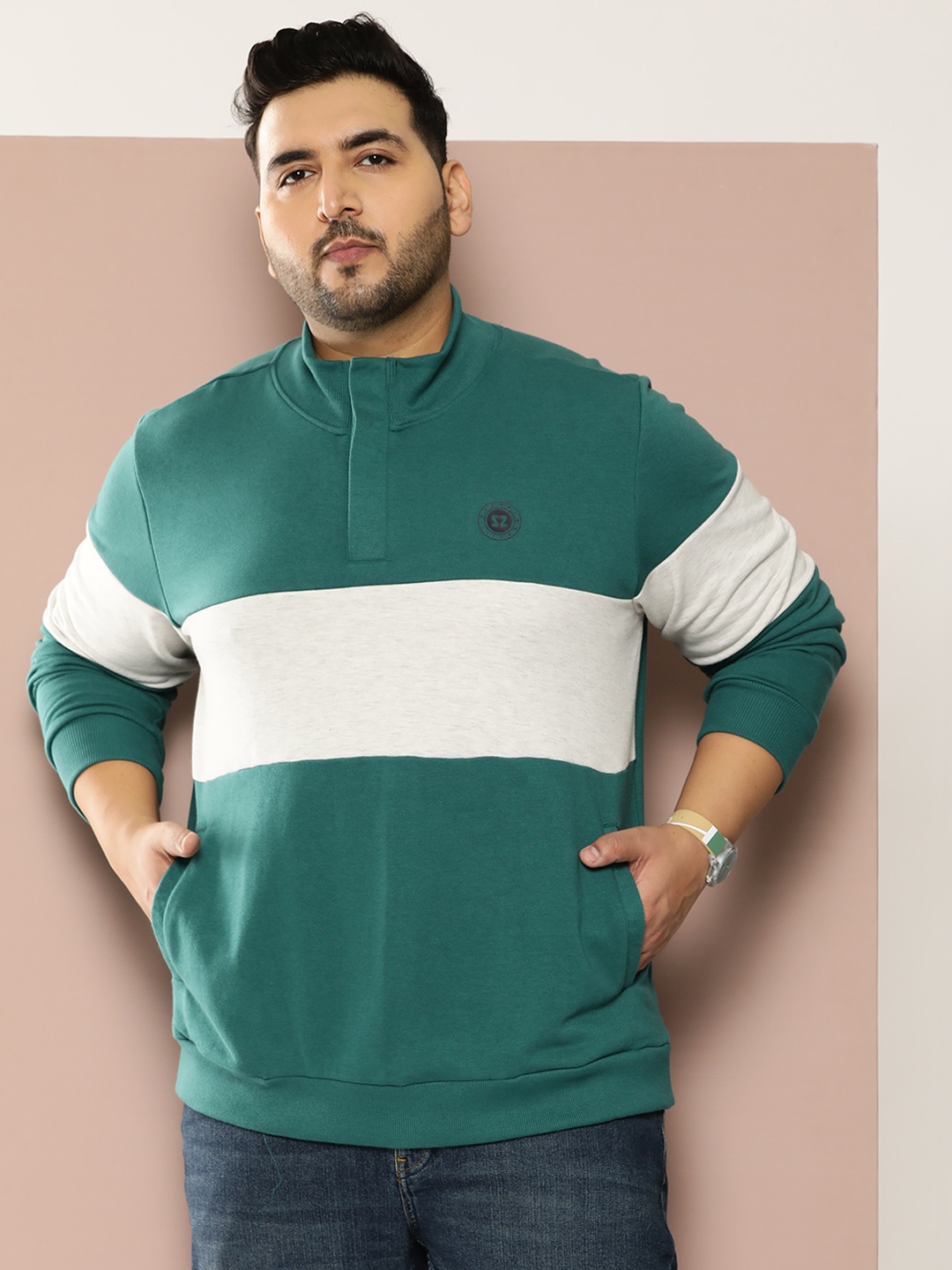 

Sztori Plus Size Mock Collar Striped Sweatshirt, Green