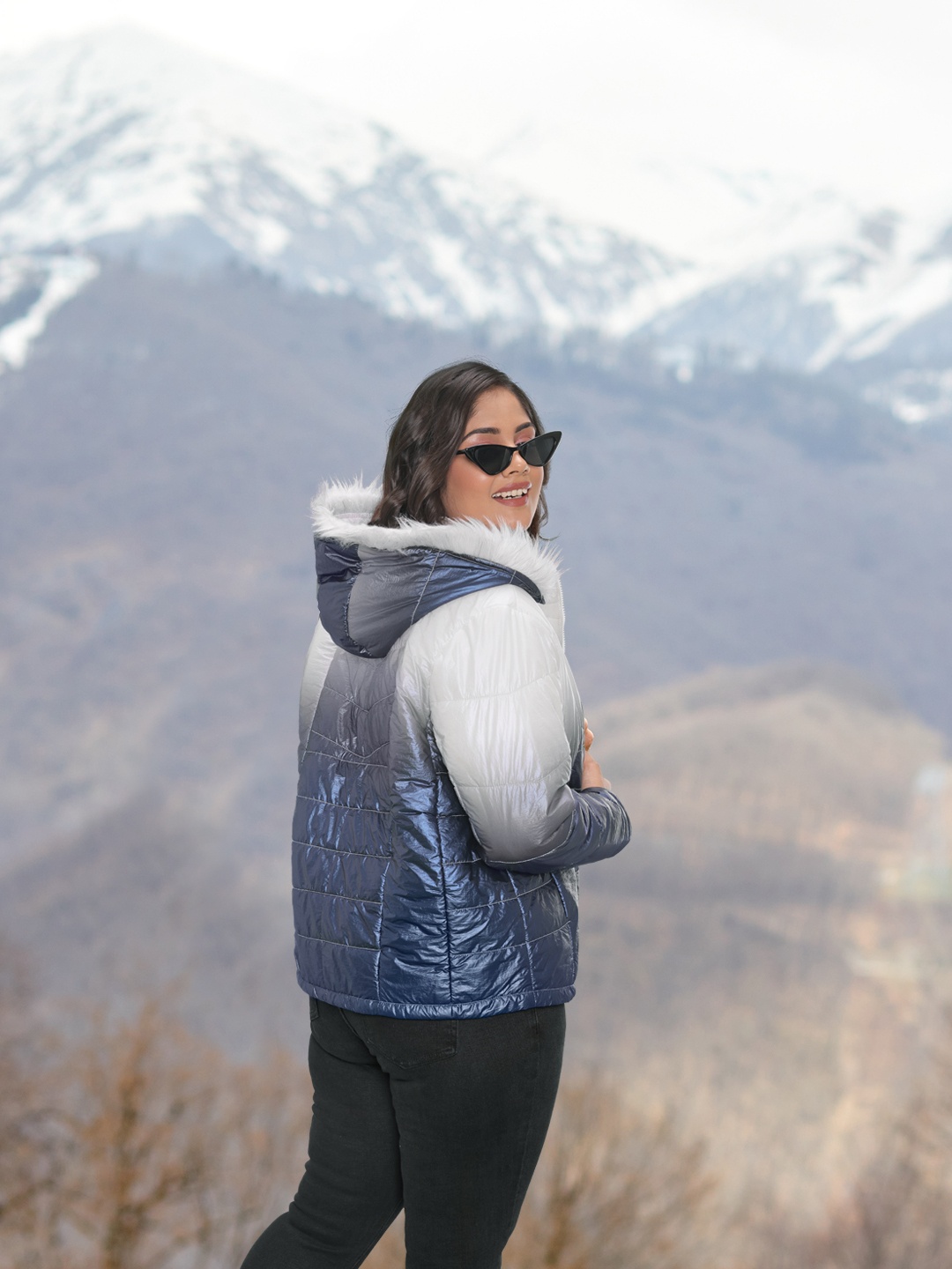 

Sztori Women Plus Size Faux Fur Trim Ombre Puffer Jacket, White