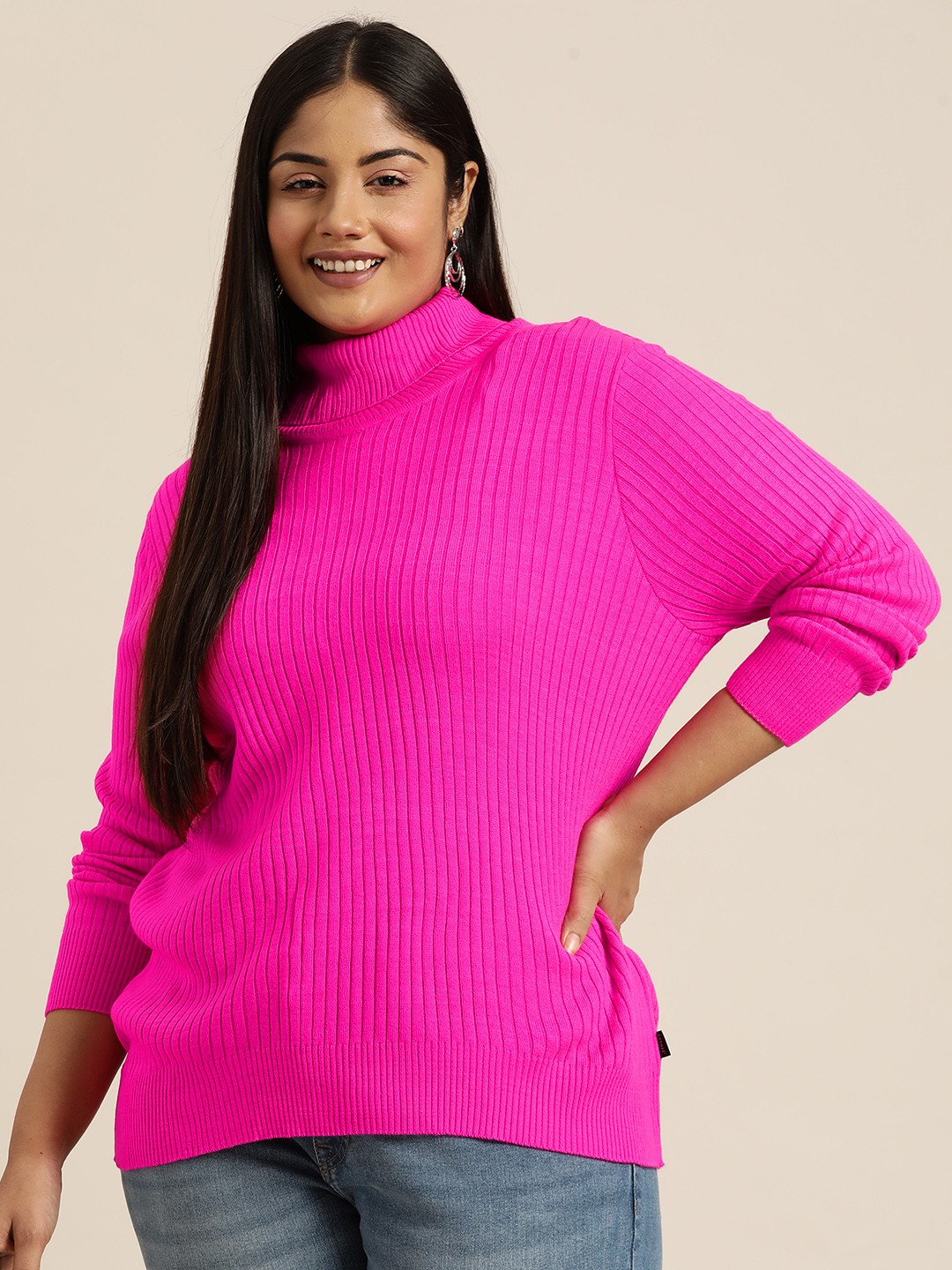 

Sztori Plus Size Ribbed Acrylic Pullover, Pink