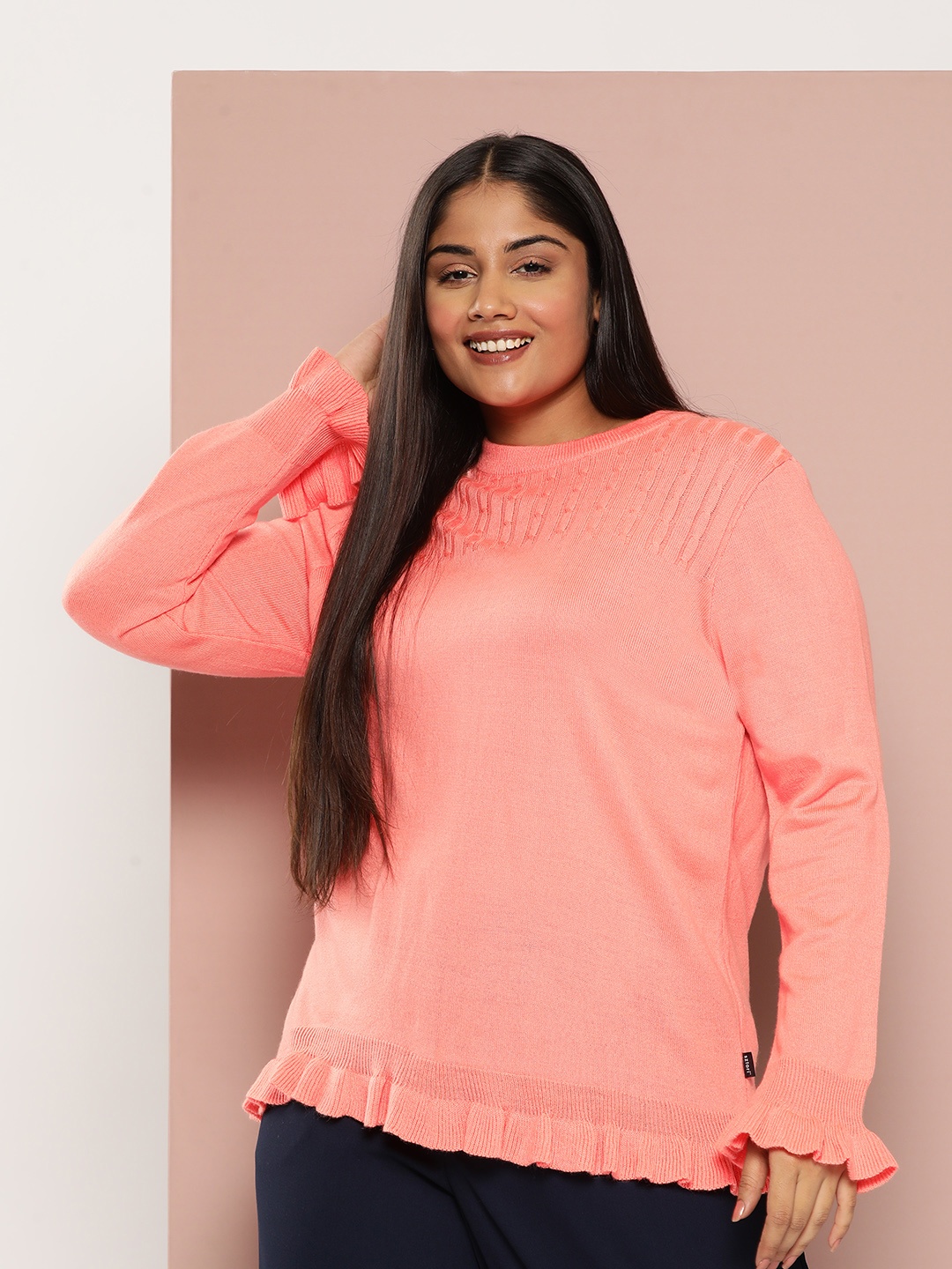 

Sztori Plus Size Cable Knit Frilled Pullover, Peach