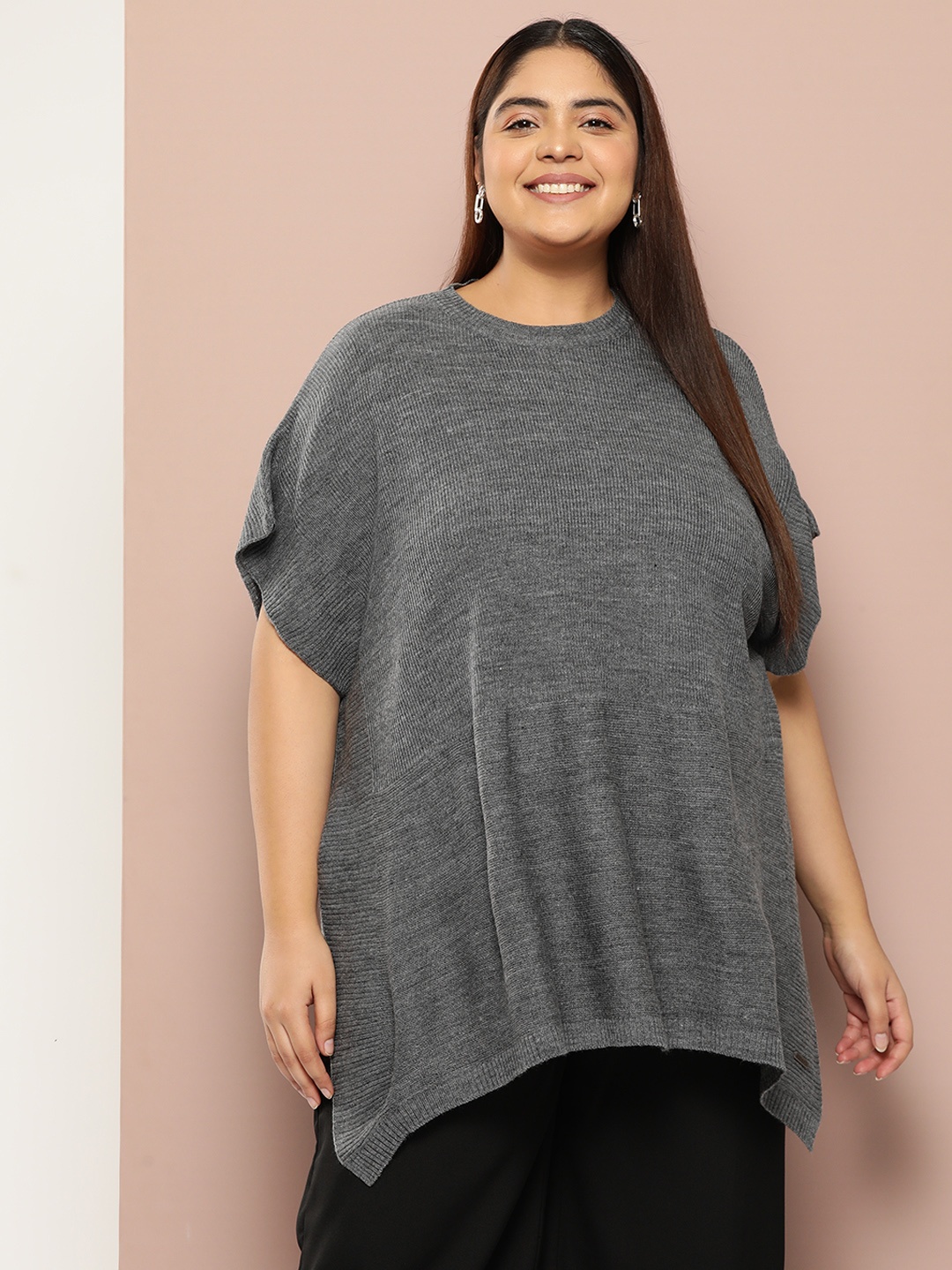 

Sztori Plus Size Self-Striped Acrylic Longline Poncho, Grey