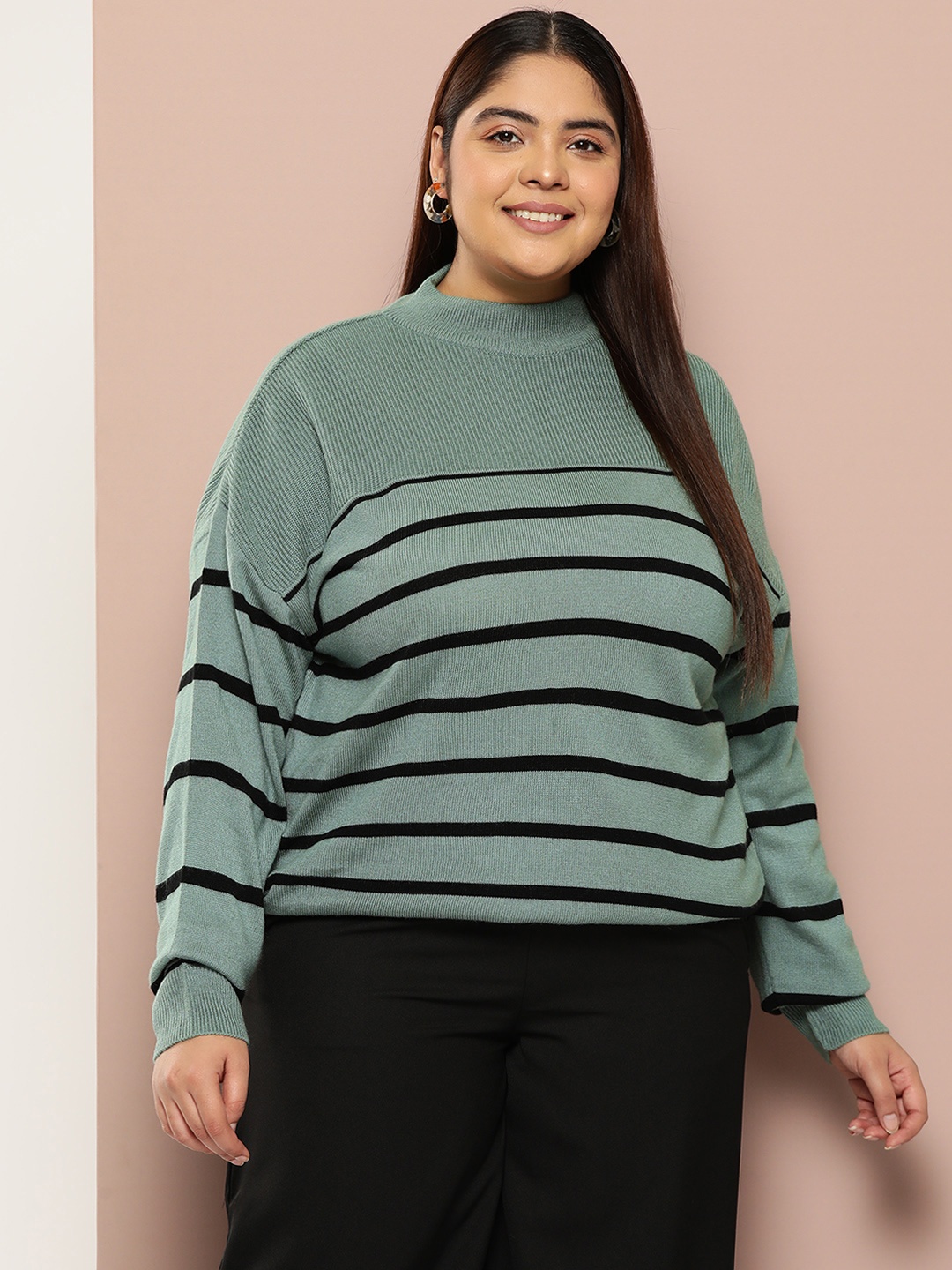 

Sztori Plus Size Horizontally Striped Round-Neck Acrylic Pullover, Green