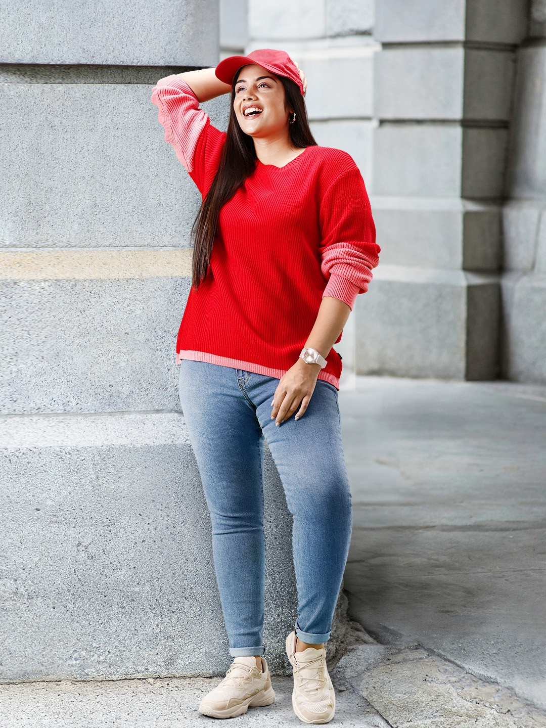 

Sztori Plus Size Acrylic Ribbed Pullover, Red