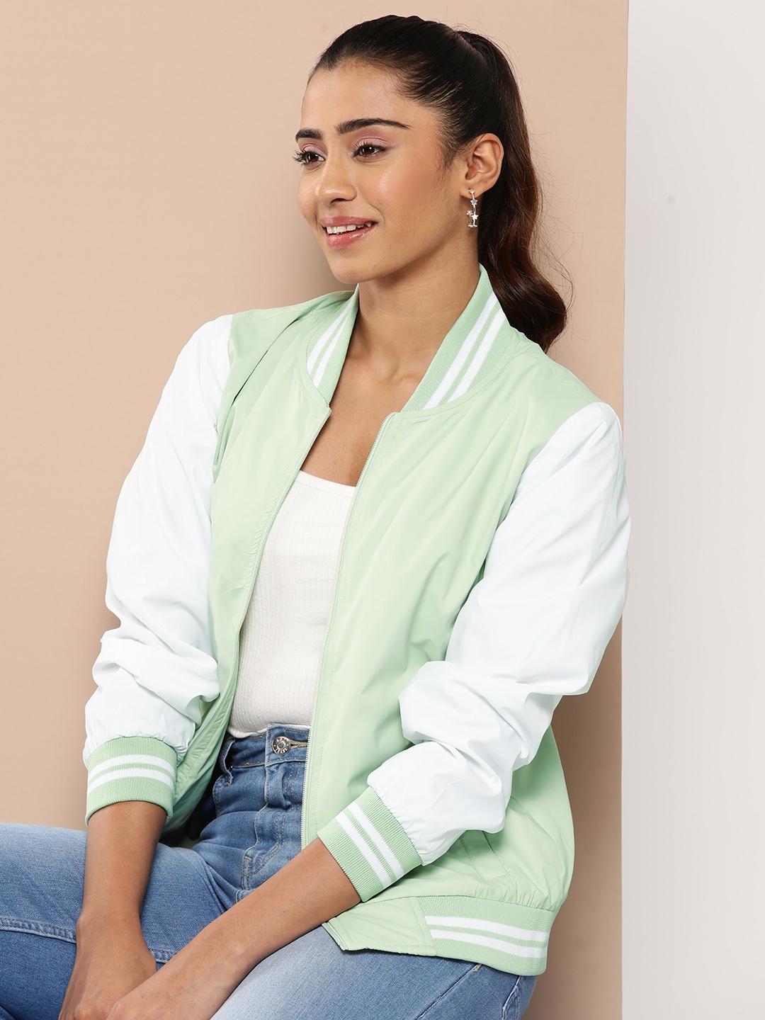 

HERE&NOW Solid Varsity Jacket, Green