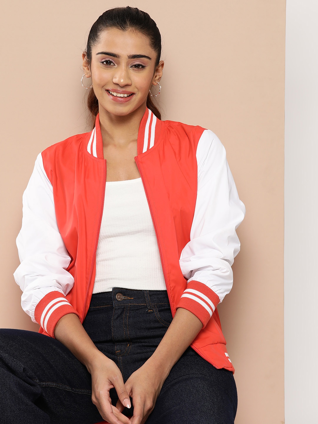 

HERE&NOW Solid Varsity Jacket, Orange