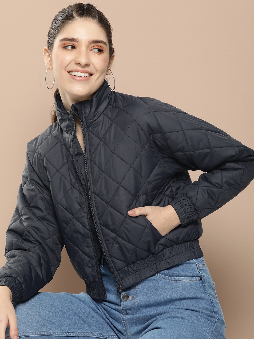 

HERE&NOW Solid Mock-Collar Padded Jacket, Navy blue