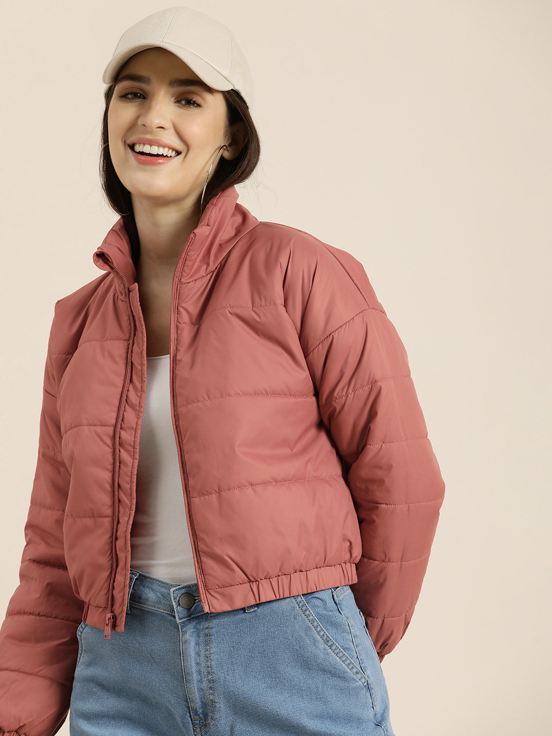 

HERE&NOW Solid Mock Collar Crop Padded Jacket, Mauve