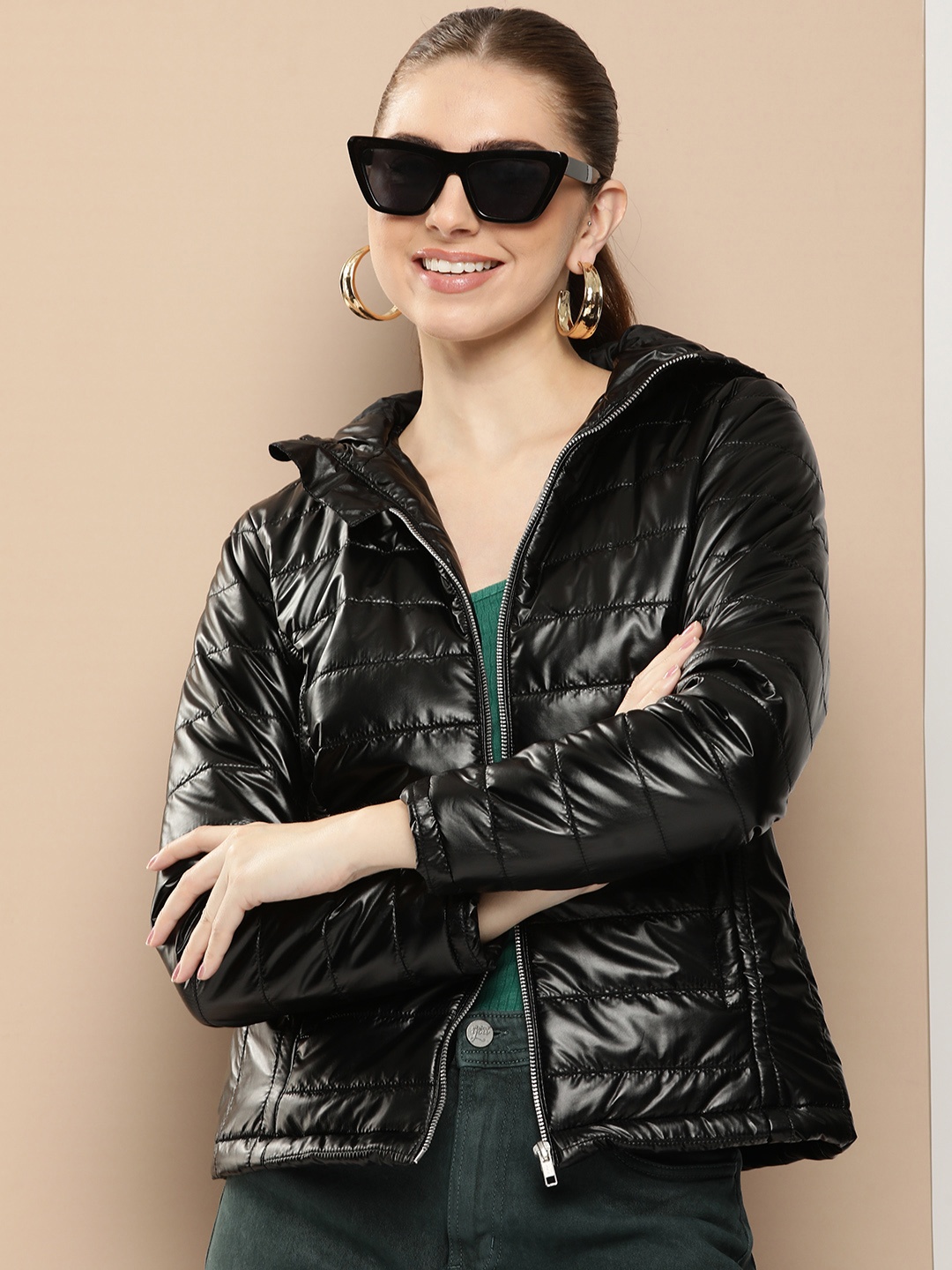 

HERE&NOW Solid Hooded Puffer Jacket, Black