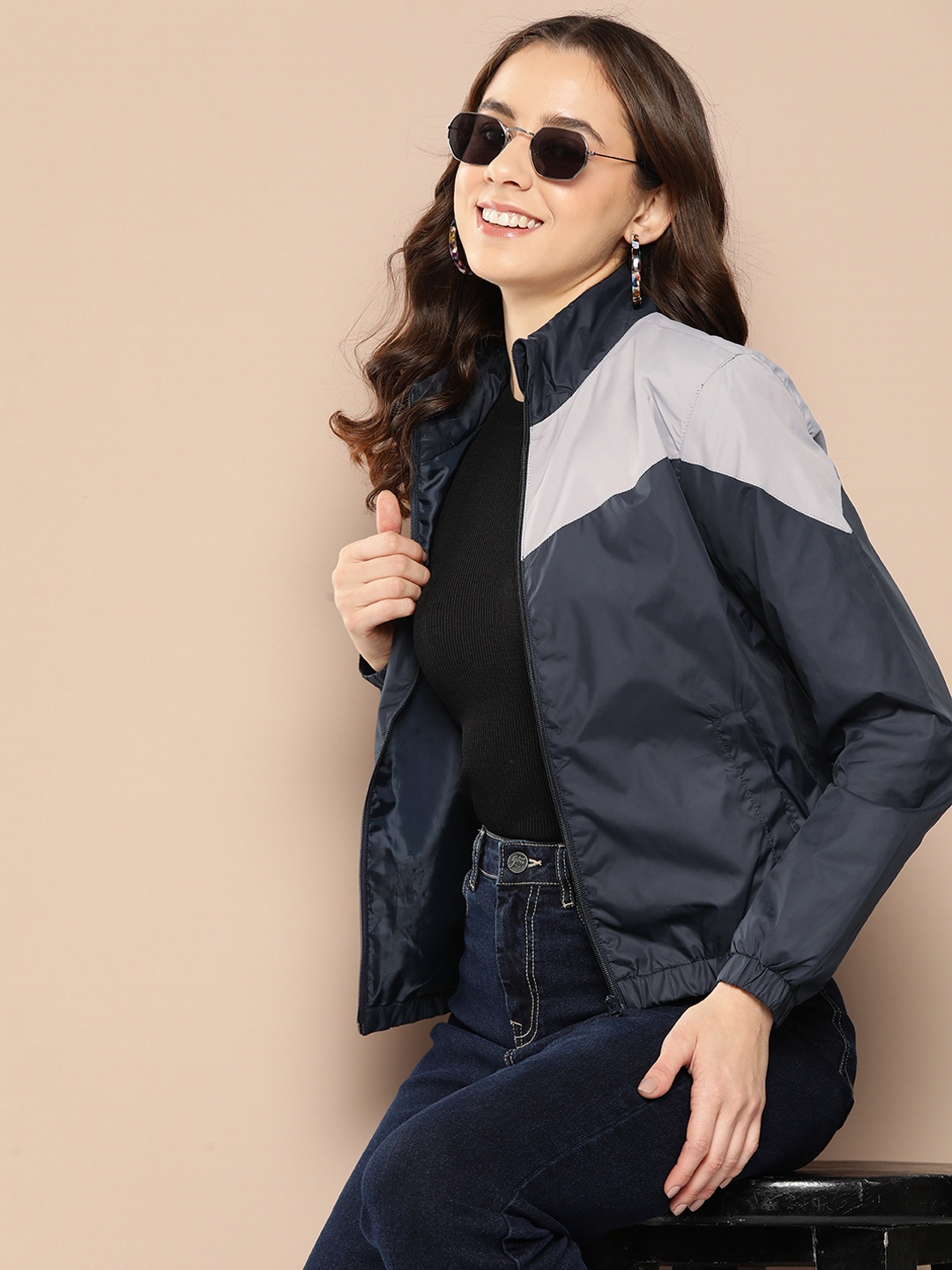 

HERE&NOW Colourblocked Bomber Jacket, Navy blue