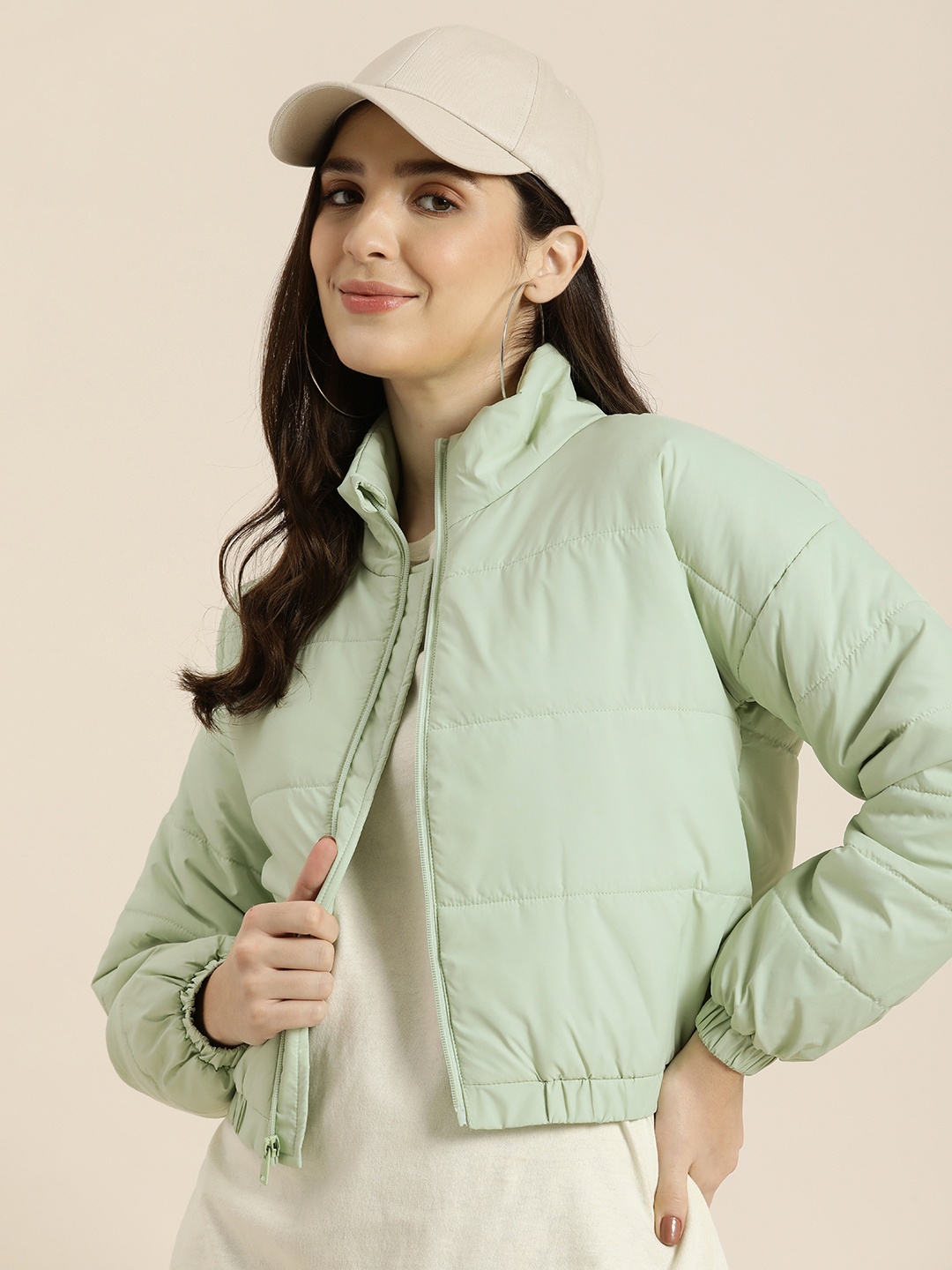 

HERE&NOW Solid Mock Collar Crop Padded Jacket, Green