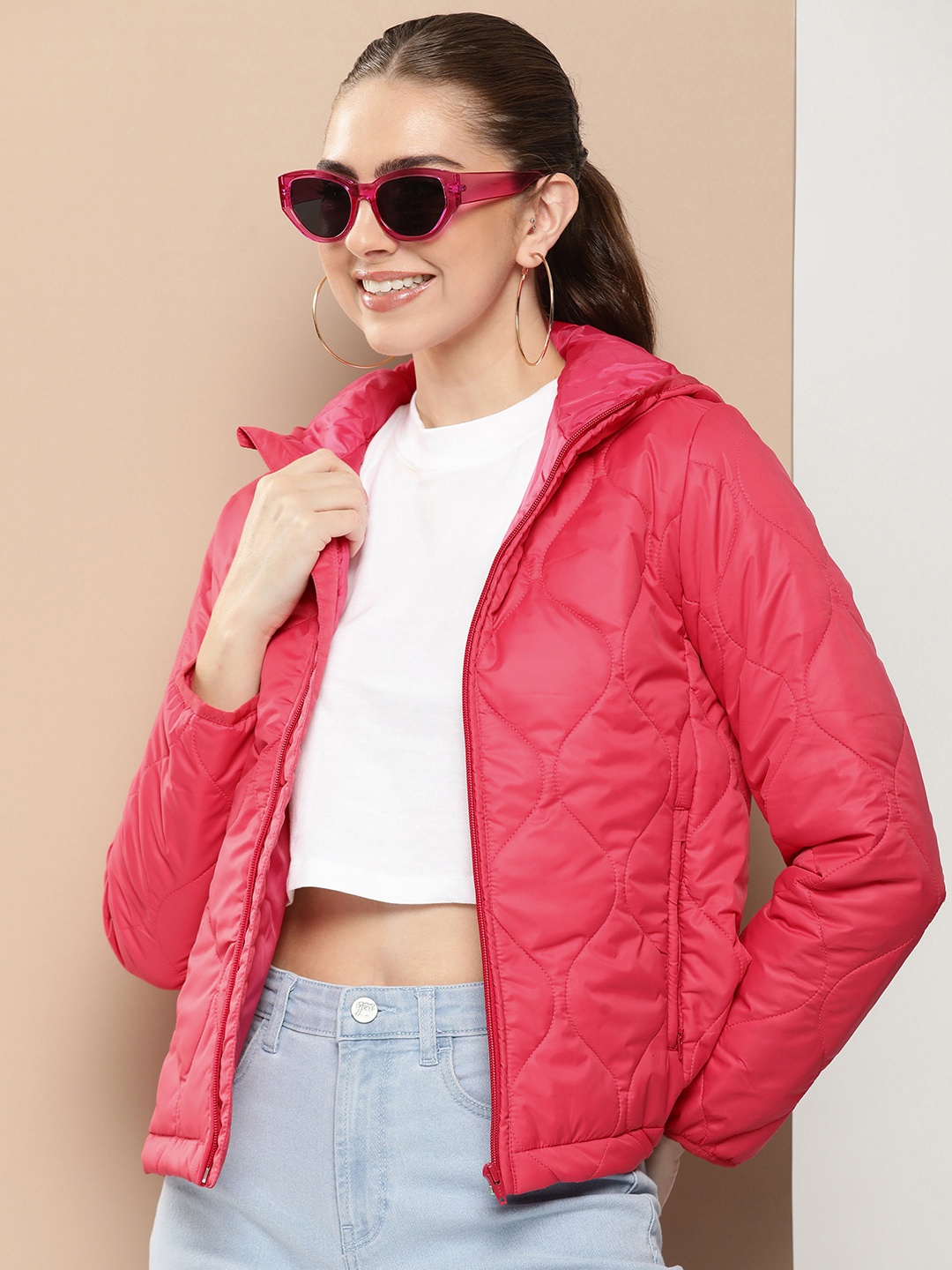 

HERE&NOW Solid Hooded Quilted Jacket, Red