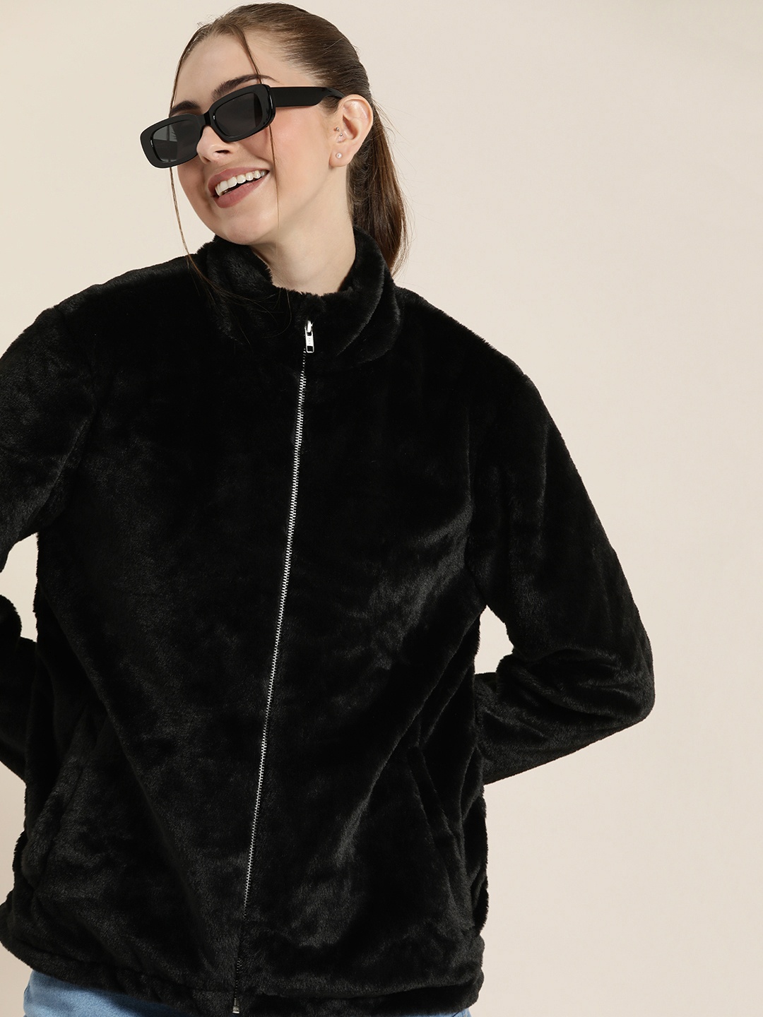 

HERE&NOW Mock Collar Faux Fur Detail Tailored Jacket, Black
