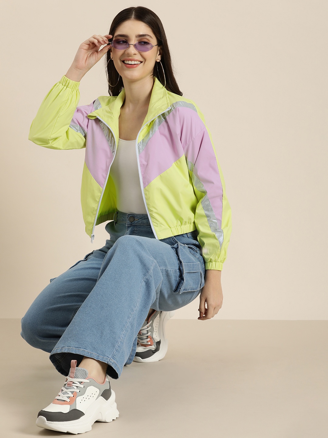 

HERE&NOW Colourblocked Crop Open Front Jacket, Lime green