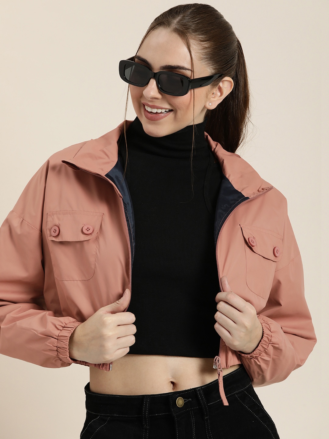 

HERE&NOW Mock Collar Crop Bomber Jacket, Pink