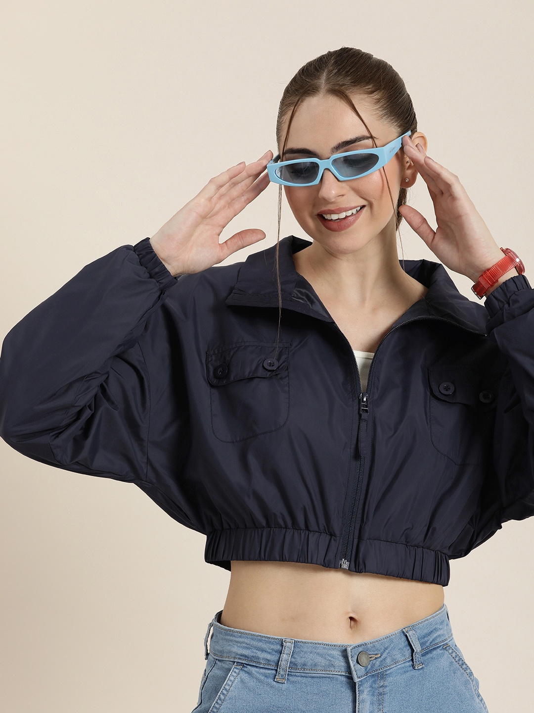 

HERE&NOW Mock Collar Crop Bomber Jacket, Navy blue