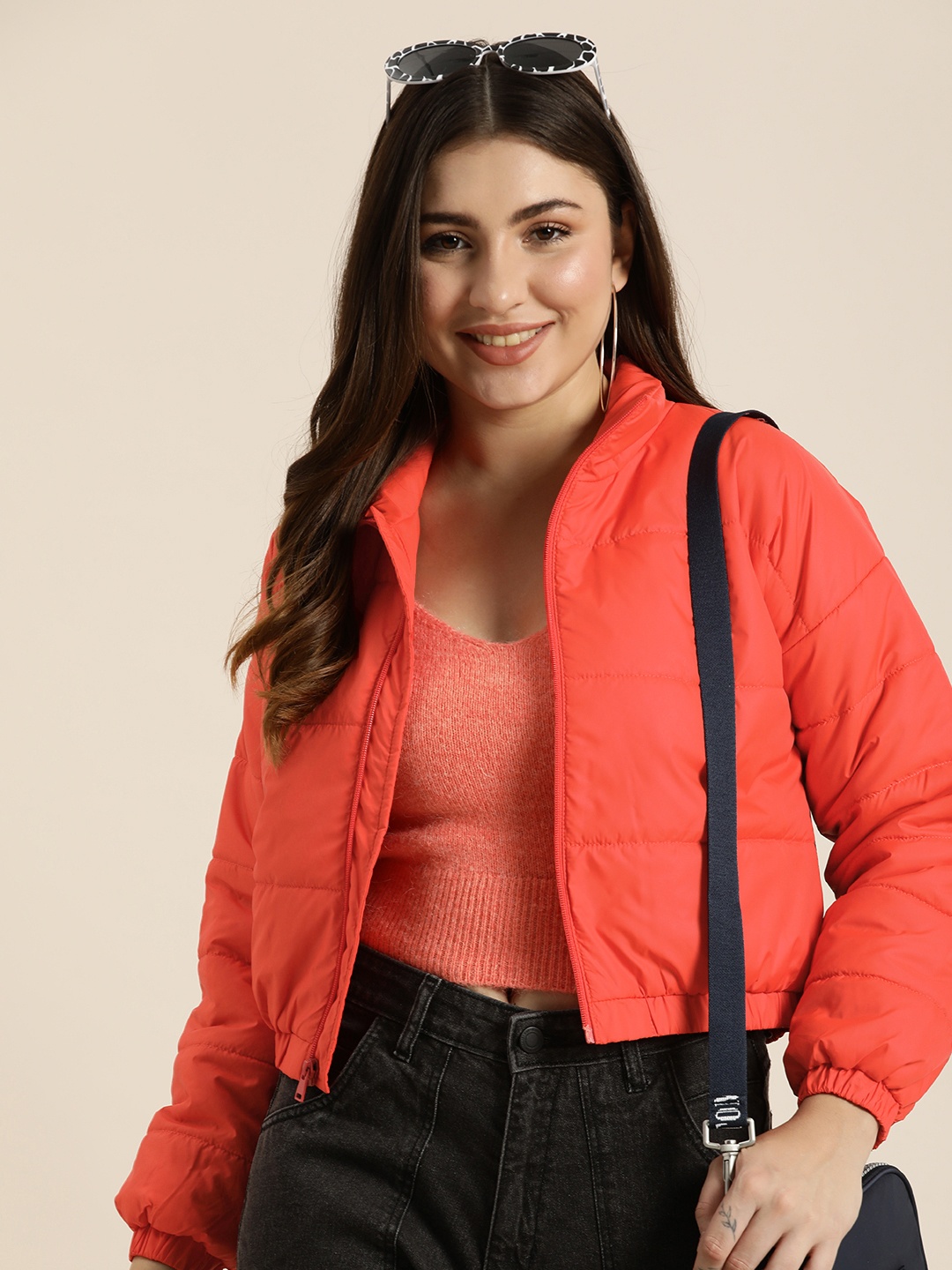 

HERE&NOW Solid Mock Collar Crop Padded Jacket, Orange